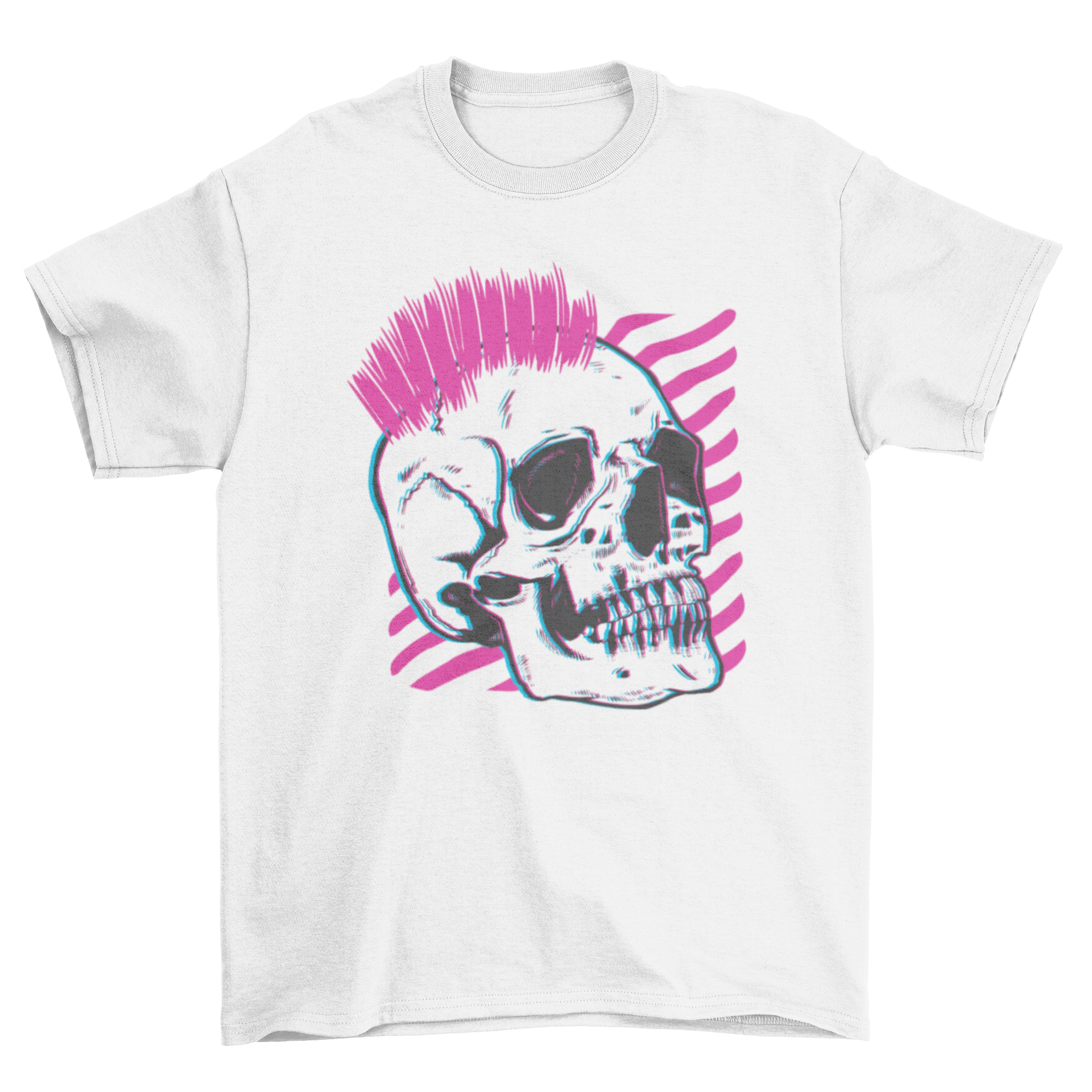 Punk Skull Glitch T-Shirt featuring a glitching skull with vibrant pink hair on a black background.