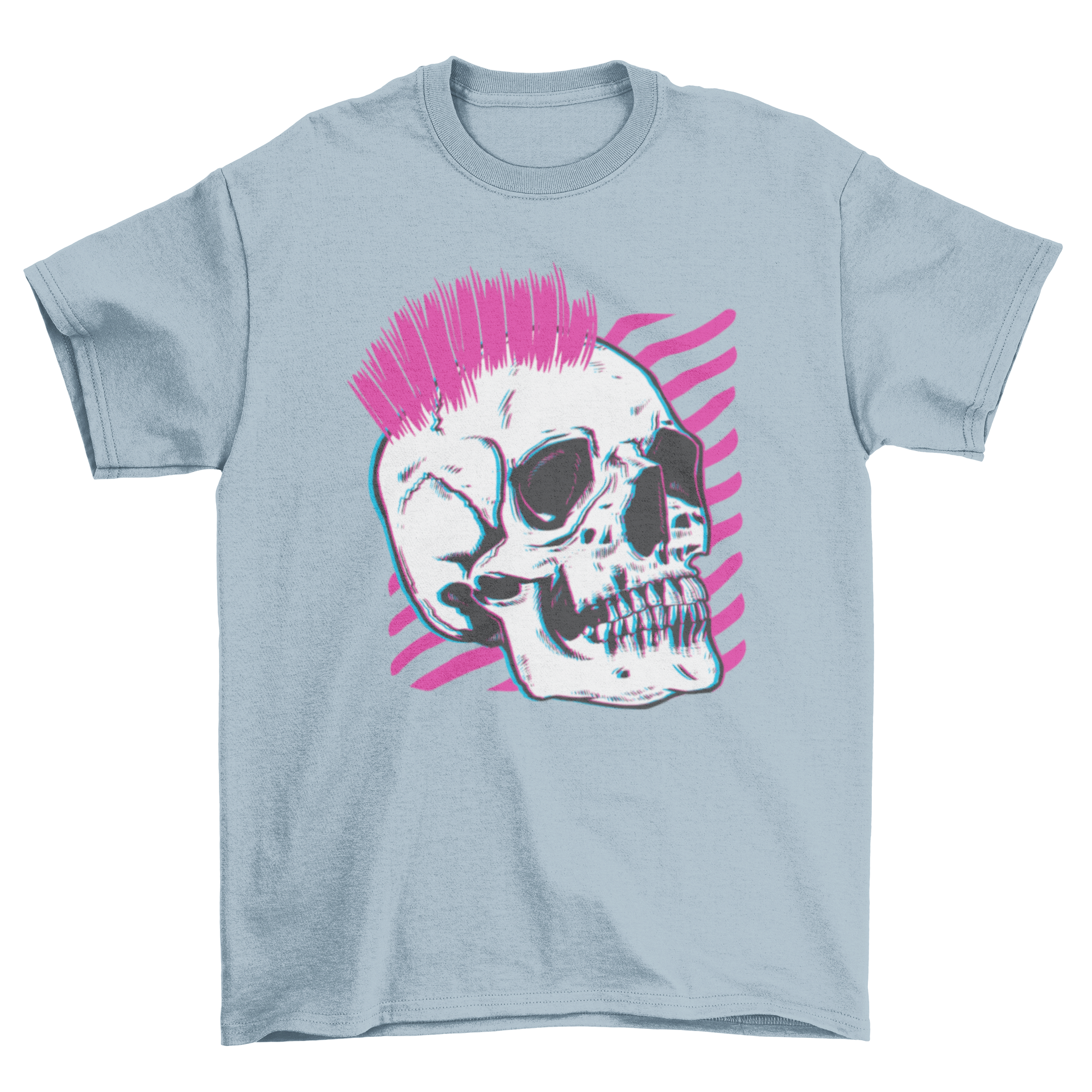 Punk Skull Glitch T-Shirt featuring a glitching skull with vibrant pink hair on a black background.