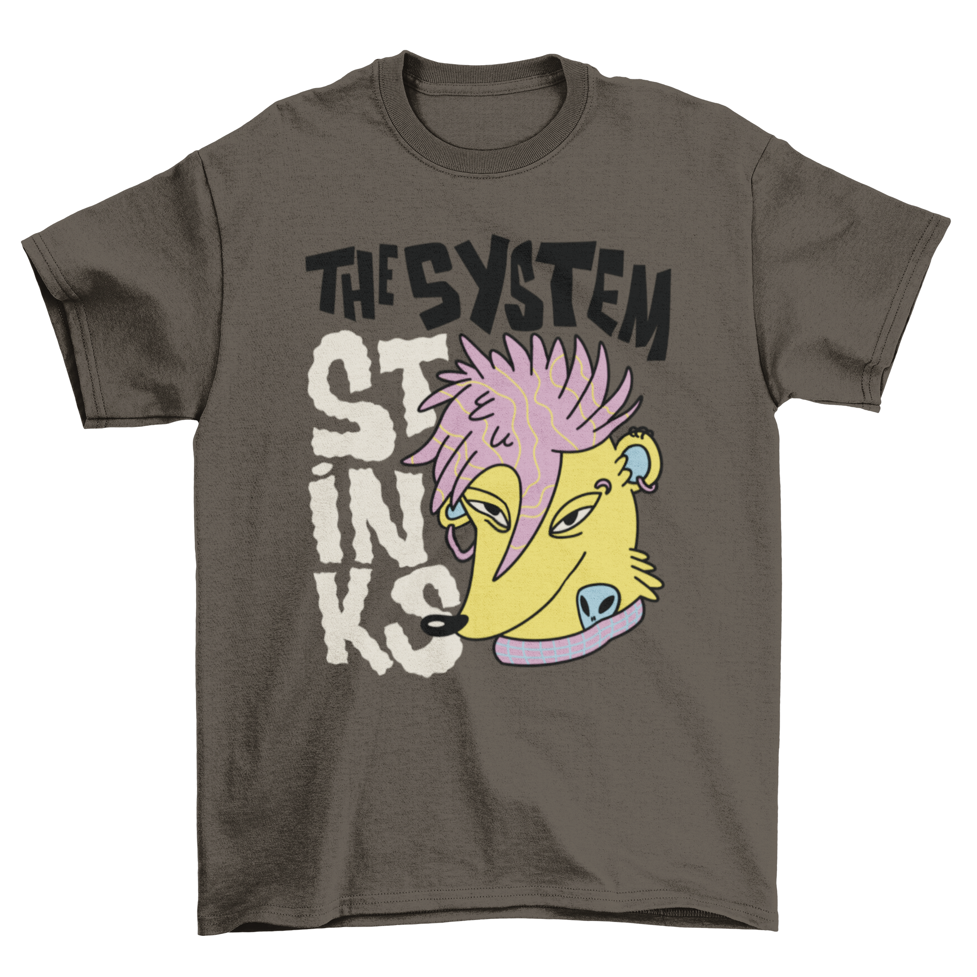 Punk skunk wild animal t-shirt featuring a vibrant skunk graphic and the quote 'The system stinks'.