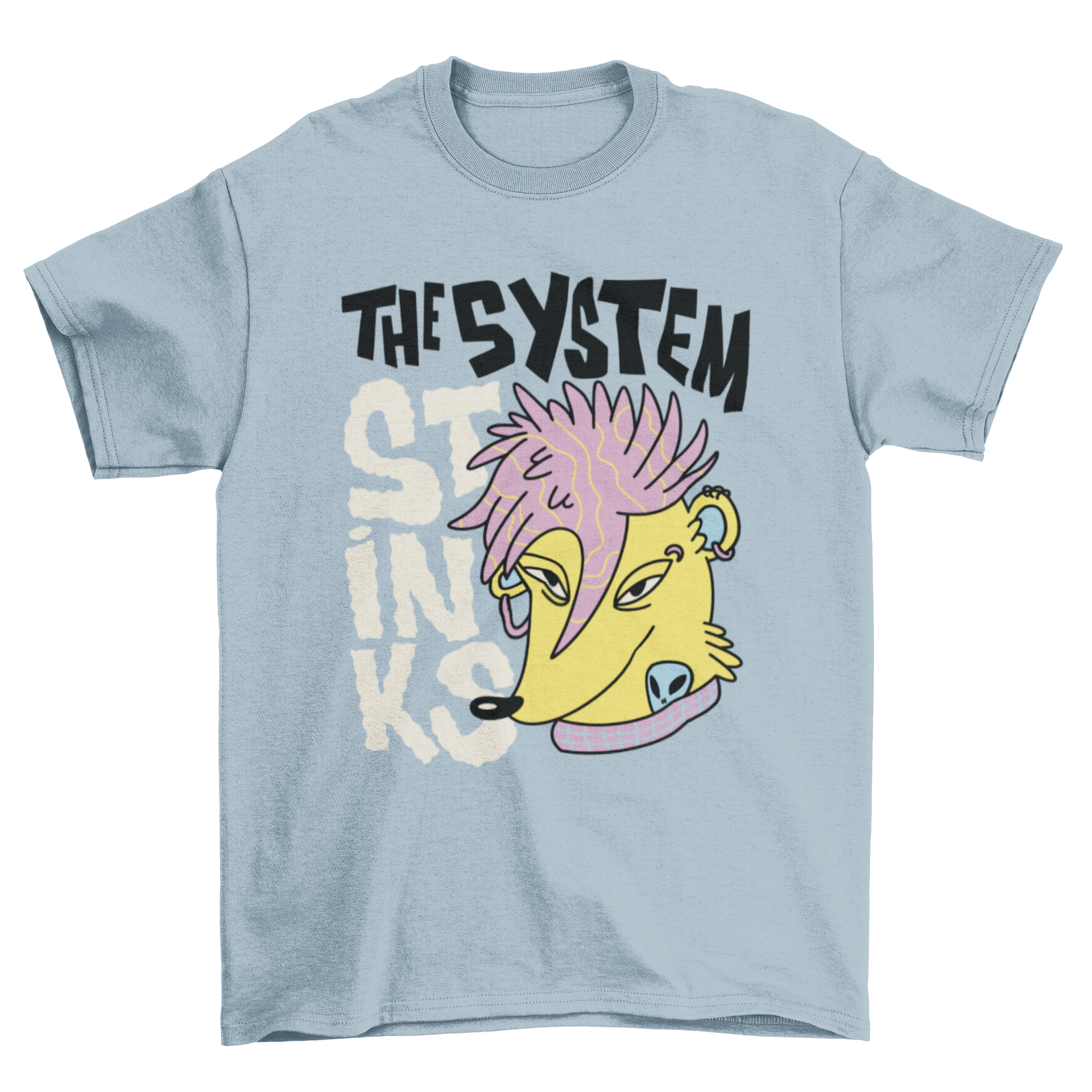 Punk skunk wild animal t-shirt featuring a vibrant skunk graphic and the quote 'The system stinks'.