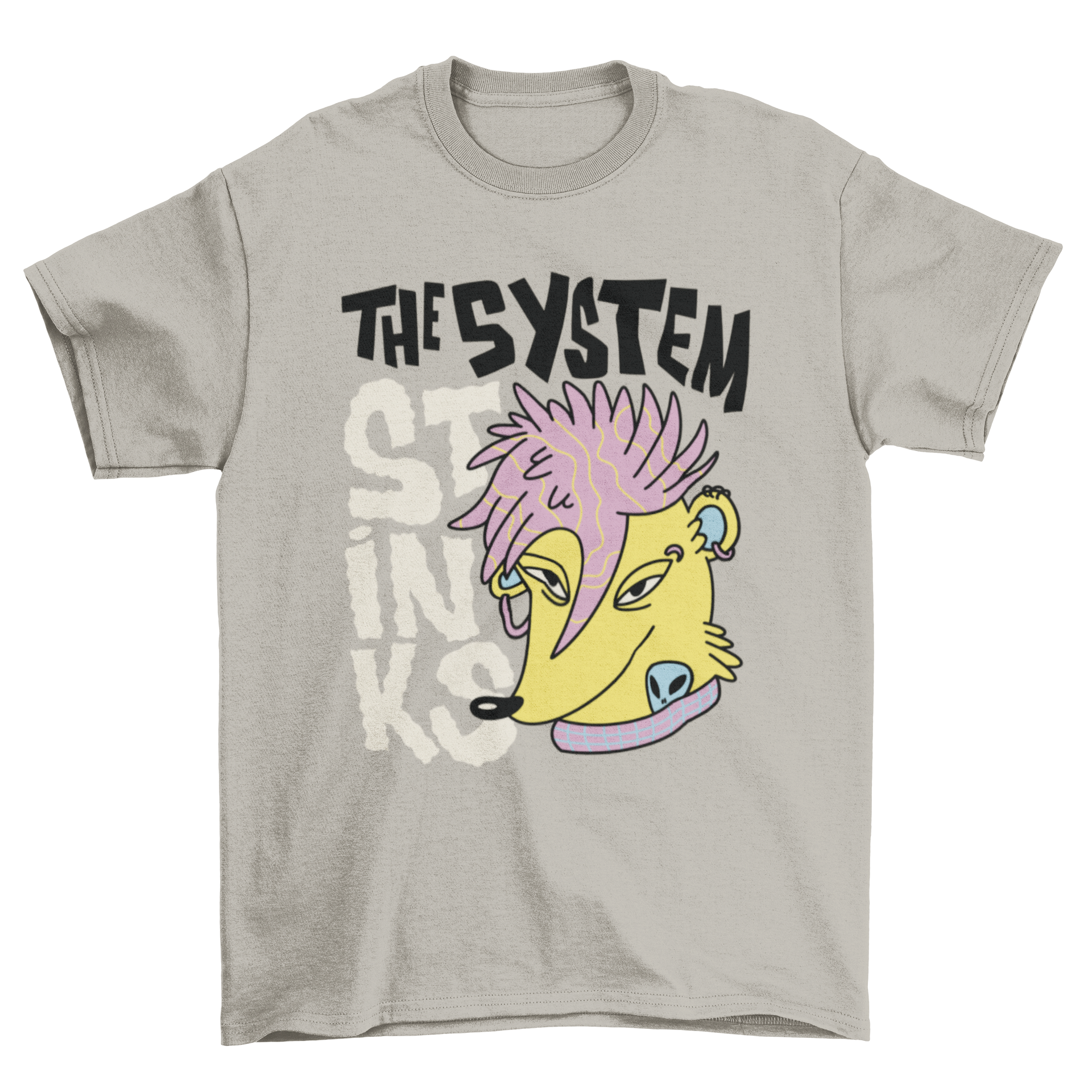 Punk skunk wild animal t-shirt featuring a vibrant skunk graphic and the quote 'The system stinks'.