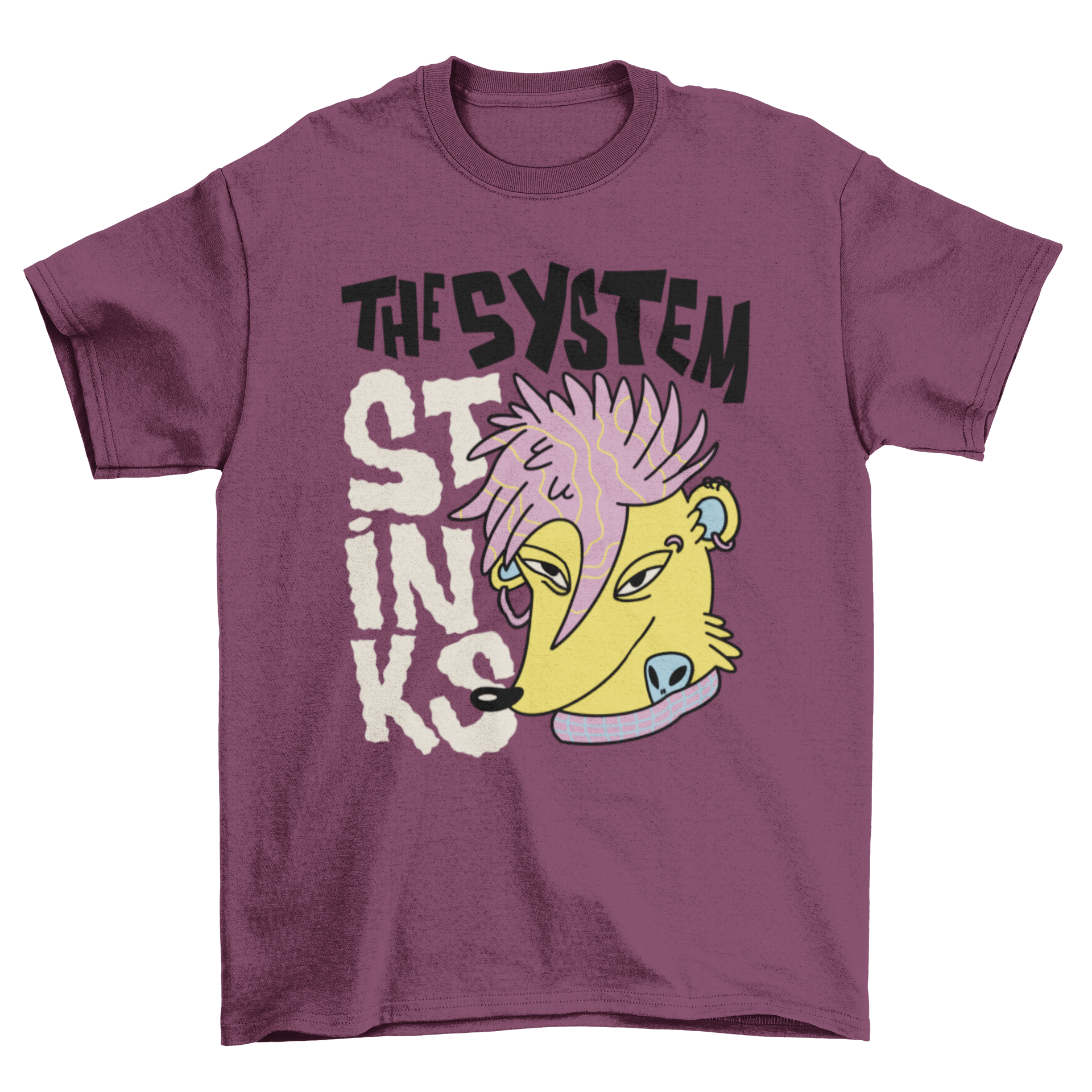 Punk skunk wild animal t-shirt featuring a vibrant skunk graphic and the quote 'The system stinks'.