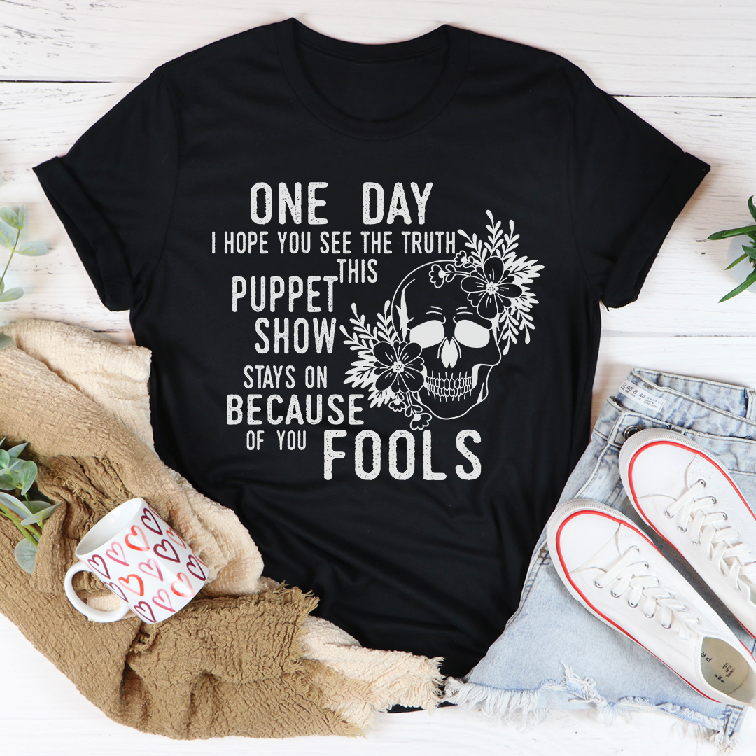 A Puppet Show T-Shirt made of soft ring-spun cotton, featuring double stitching for durability and a vibrant DTG printed design.