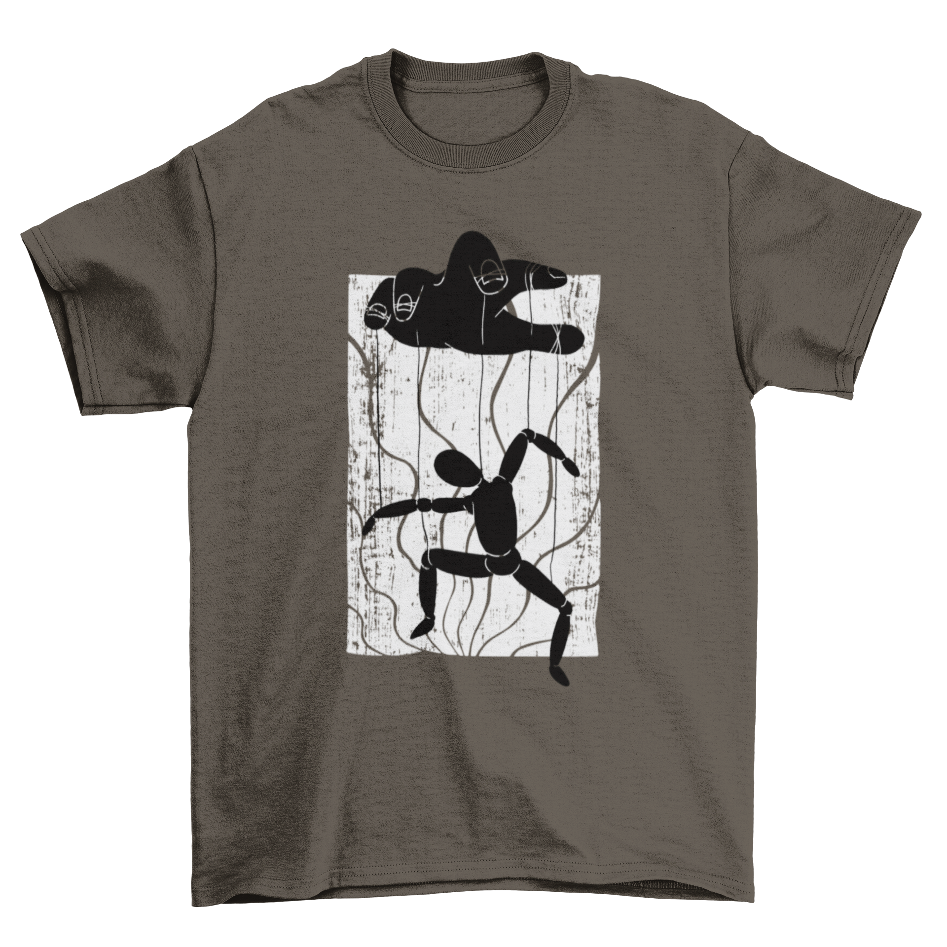 Puppeteer t-shirt featuring a hand controlling a puppet illustration, showcasing creativity and artistry.