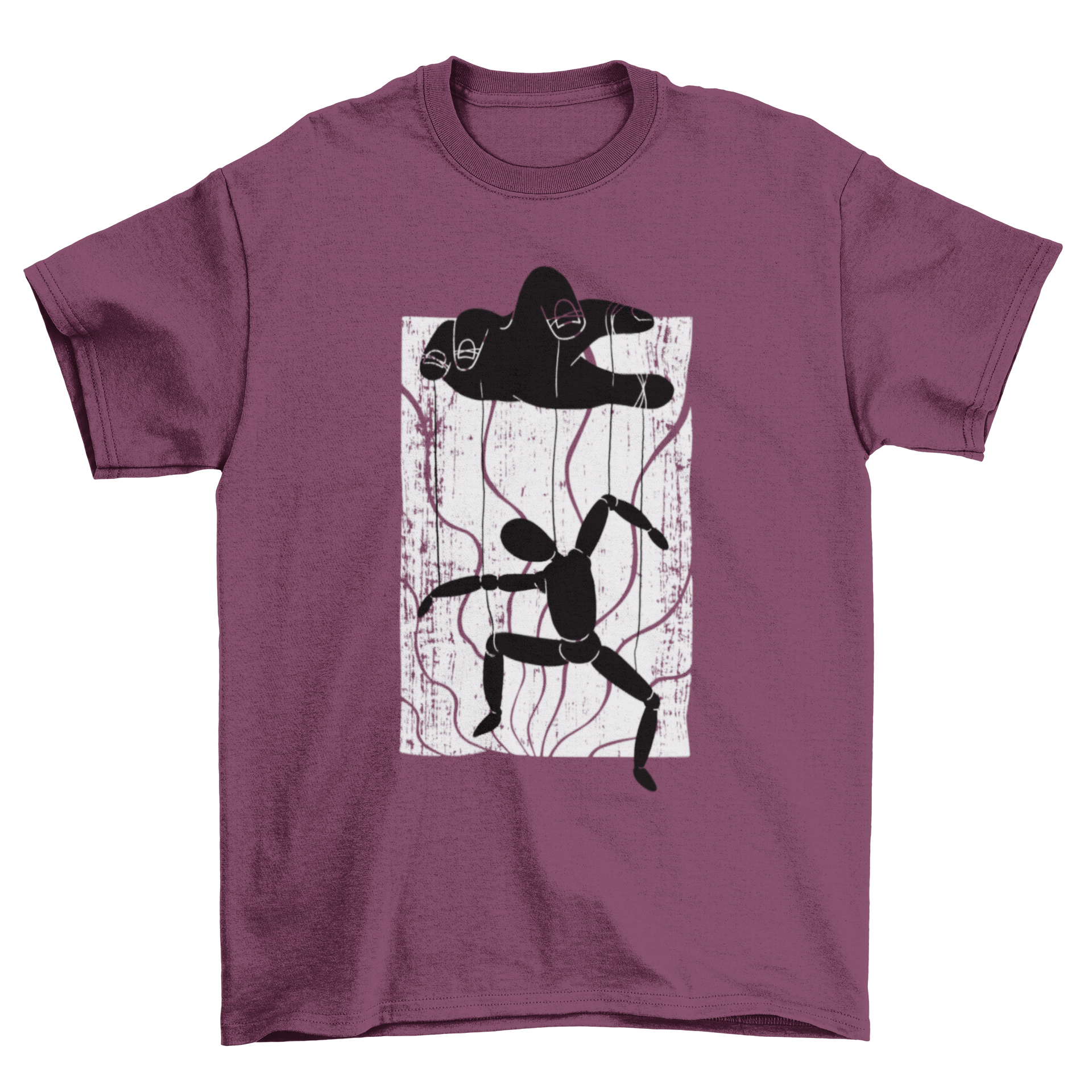 Puppeteer t-shirt featuring a hand controlling a puppet illustration, showcasing creativity and artistry.