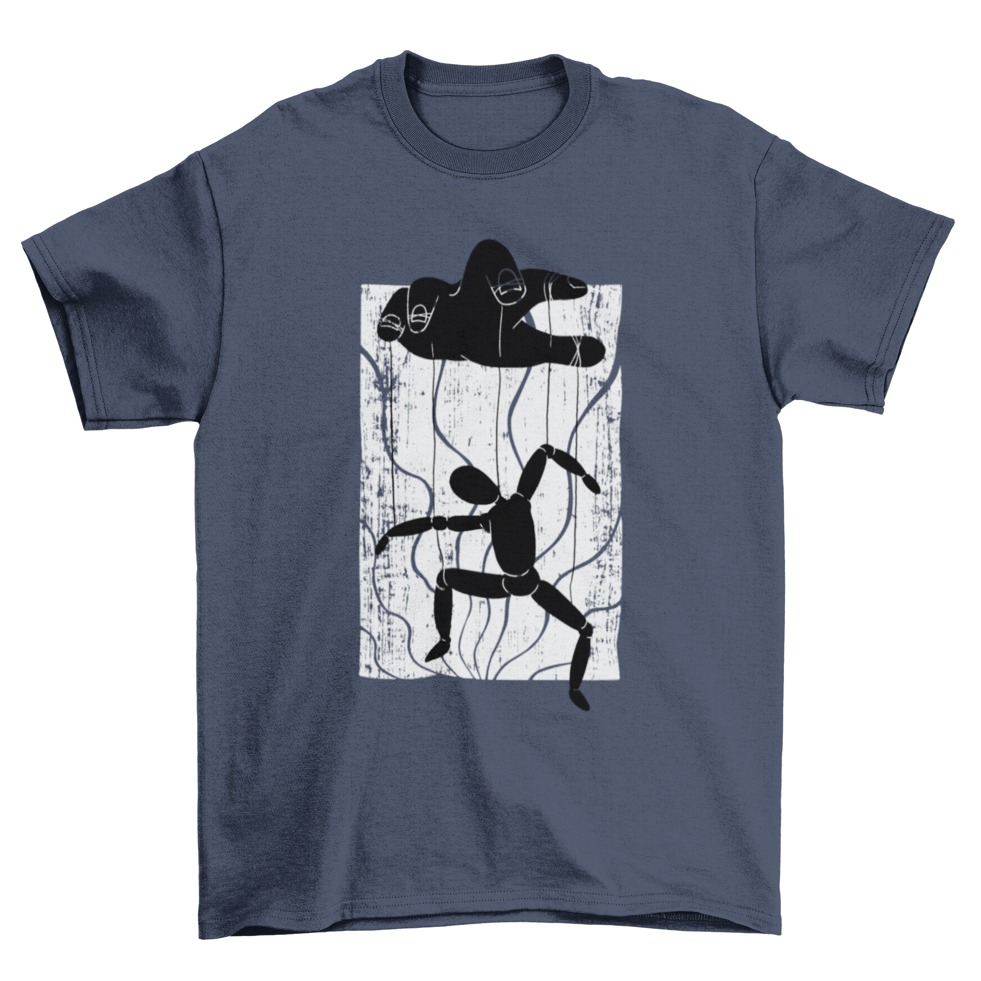 Puppeteer t-shirt featuring a hand controlling a puppet illustration, showcasing creativity and artistry.