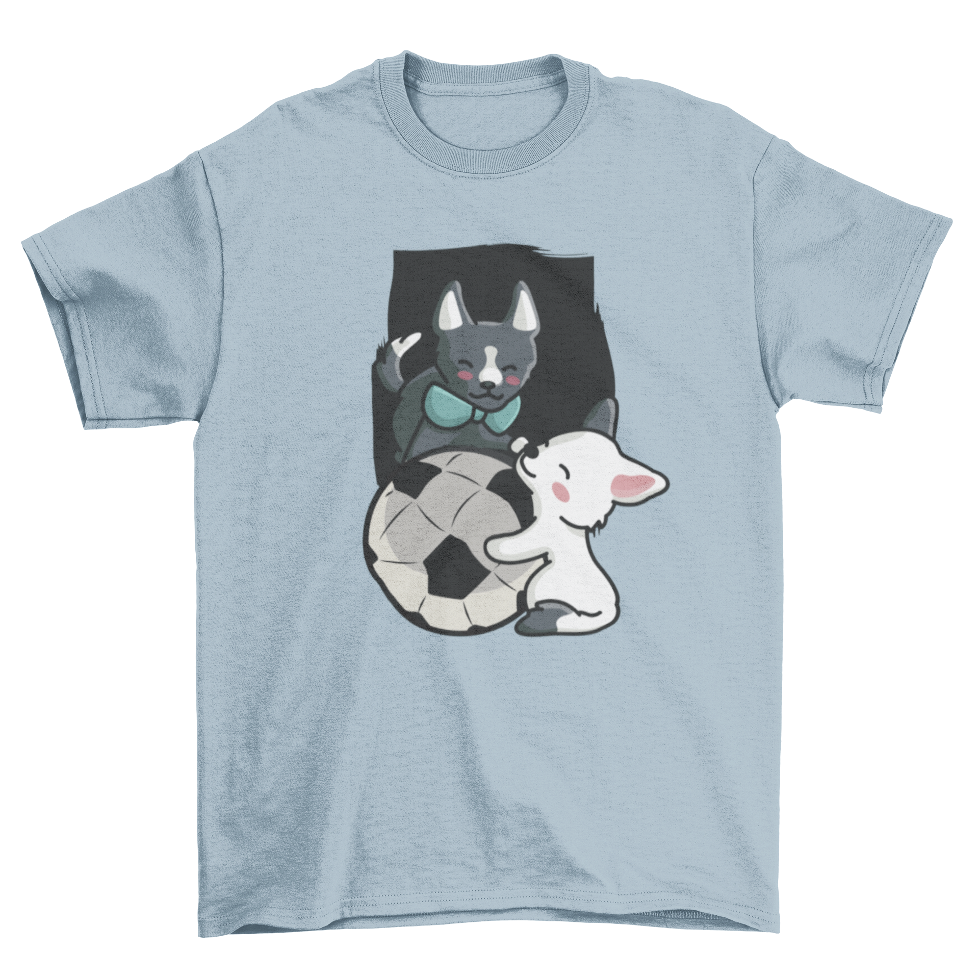 A cute t-shirt design featuring two playful puppies with a soccer ball, perfect for dog lovers.