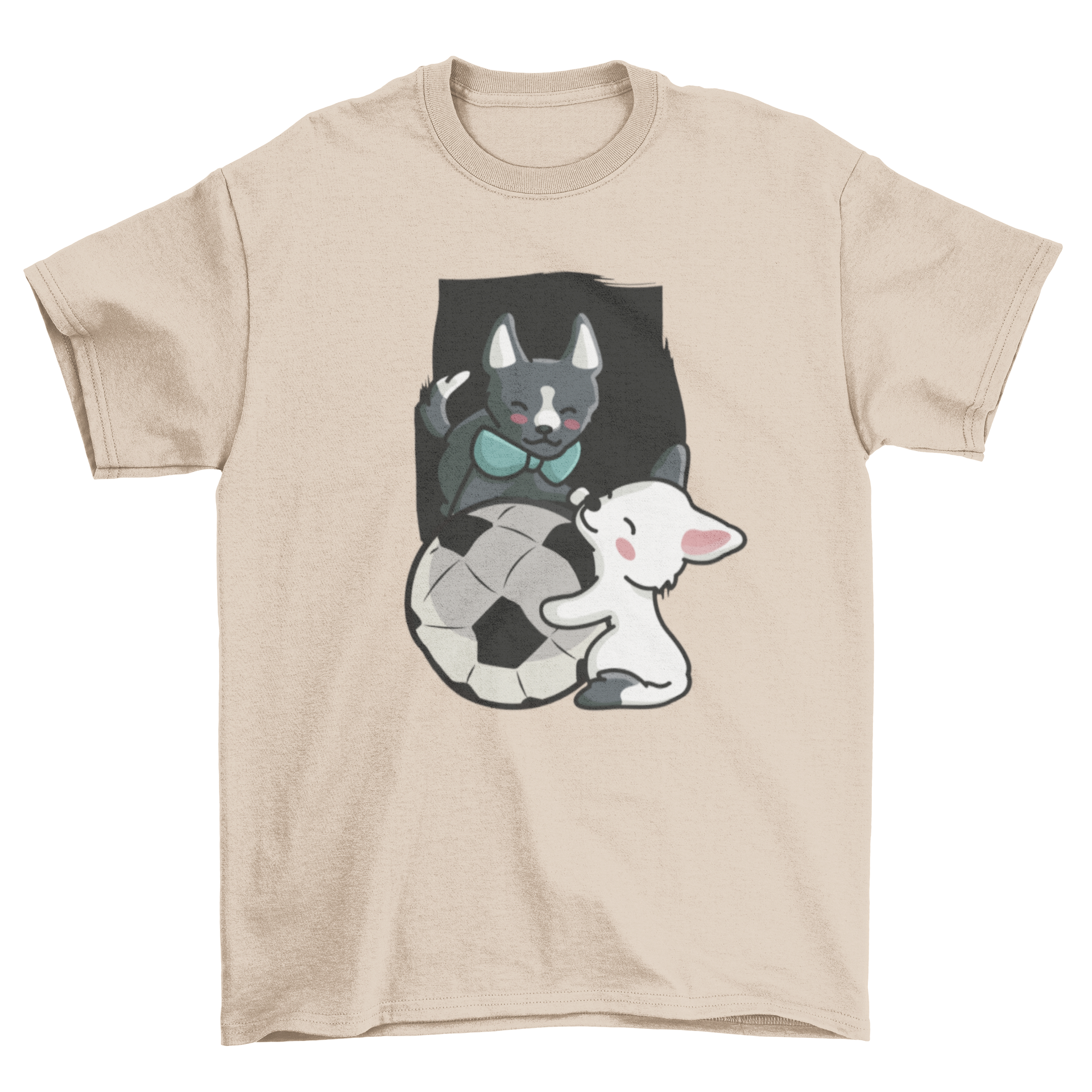 A cute t-shirt design featuring two playful puppies with a soccer ball, perfect for dog lovers.