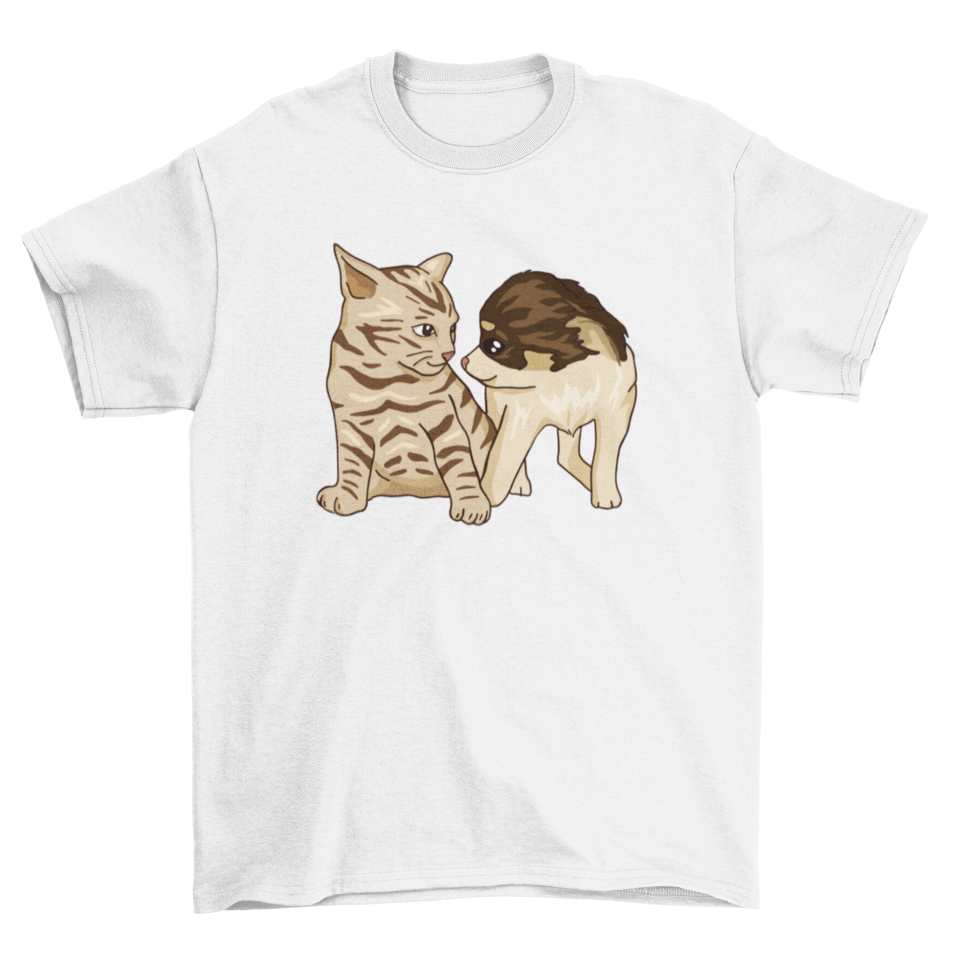 A soft t-shirt featuring a playful puppy and a cute kitten design, perfect for pet lovers.