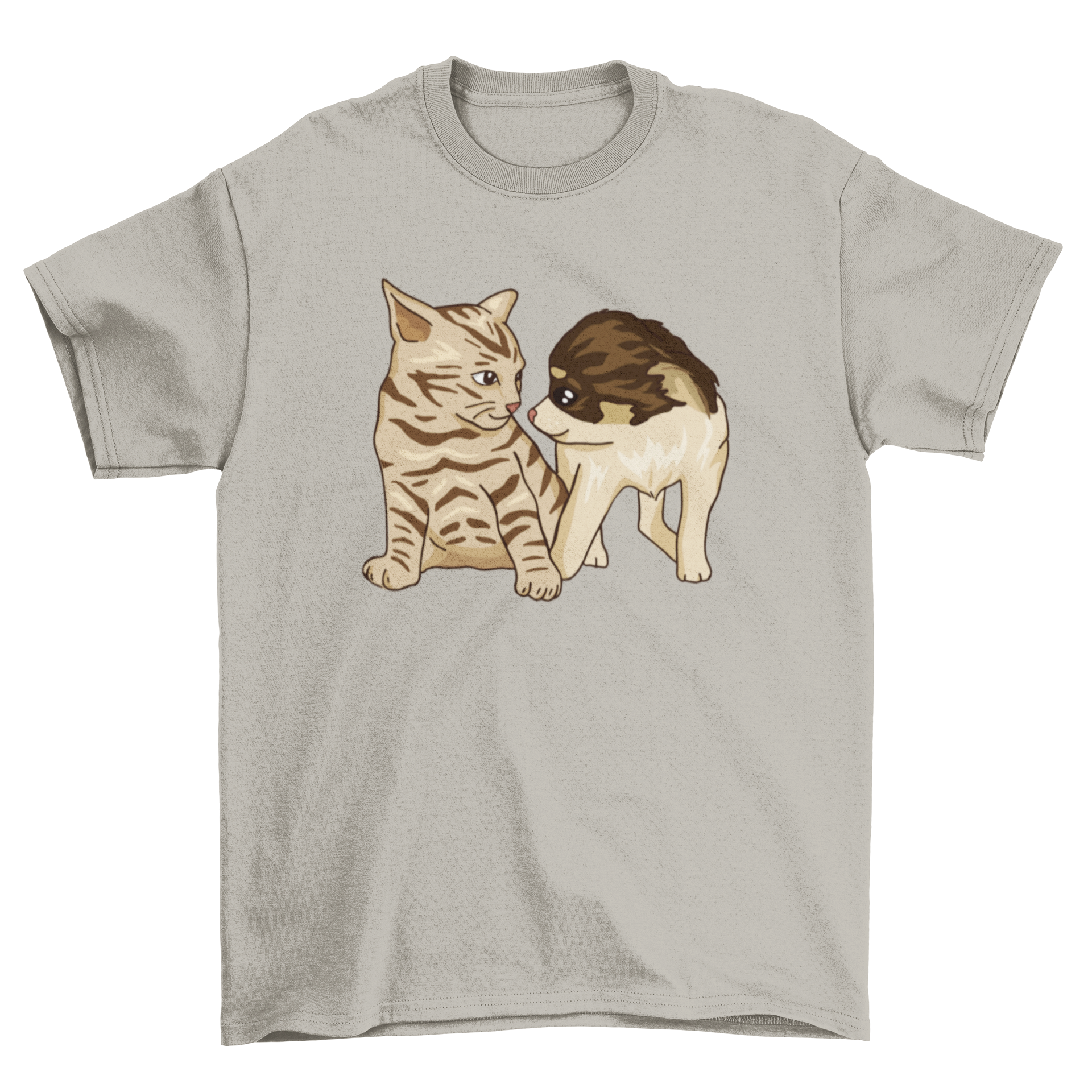 A soft t-shirt featuring a playful puppy and a cute kitten design, perfect for pet lovers.