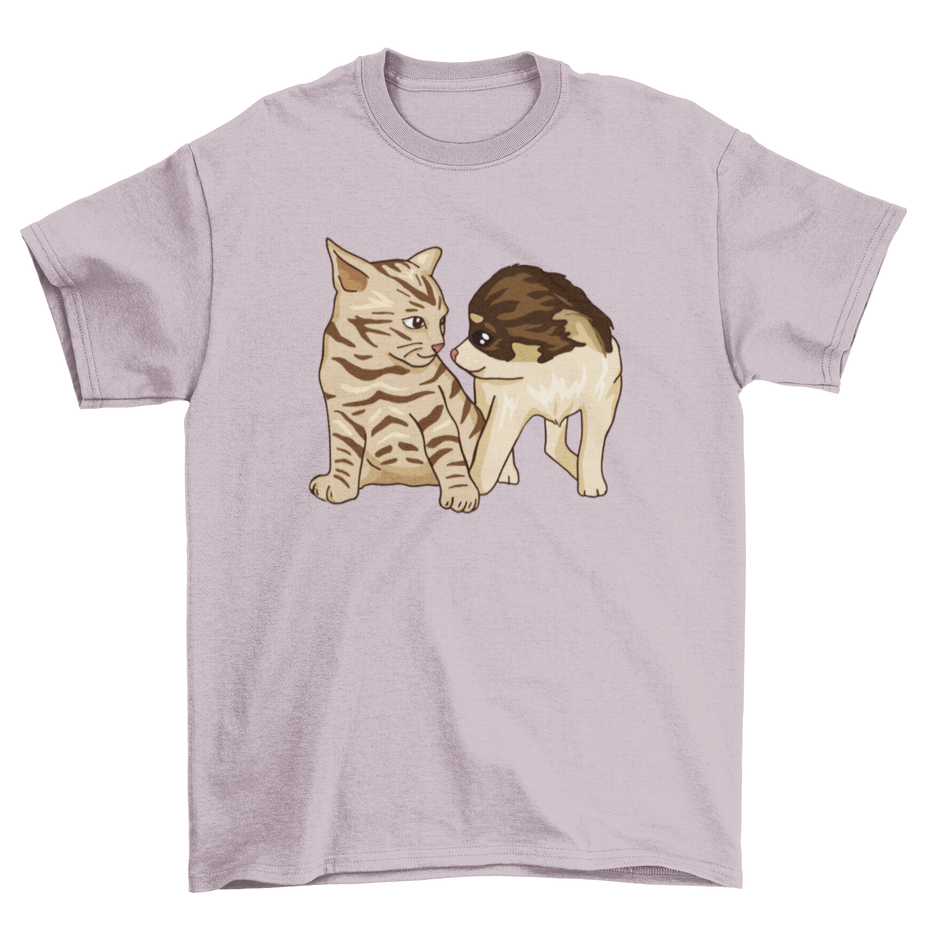 A soft t-shirt featuring a playful puppy and a cute kitten design, perfect for pet lovers.