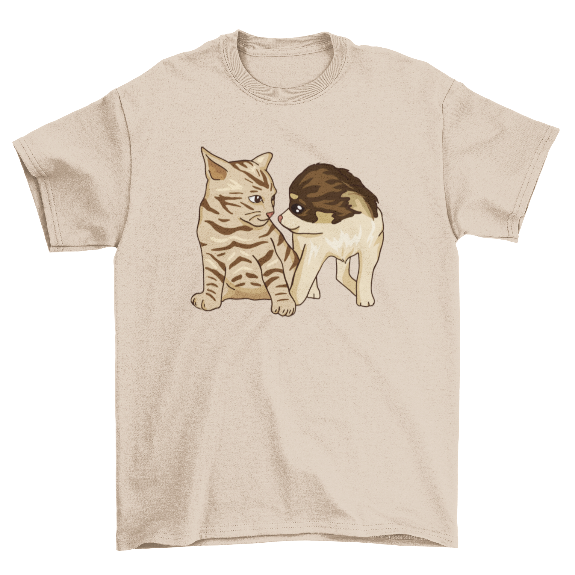 A soft t-shirt featuring a playful puppy and a cute kitten design, perfect for pet lovers.