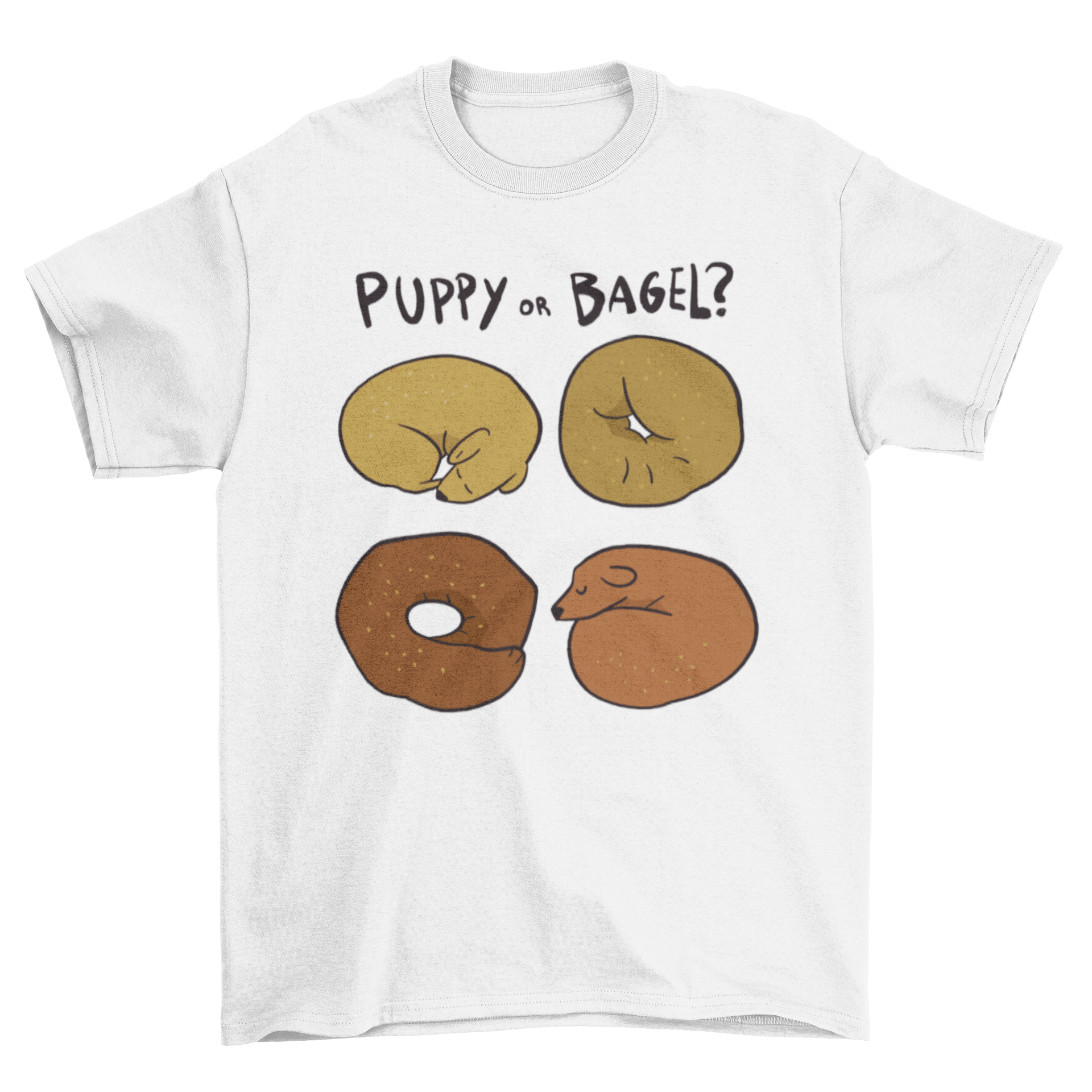 A humorous t-shirt featuring a design of sleeping dogs and bagels, perfect for casual wear.