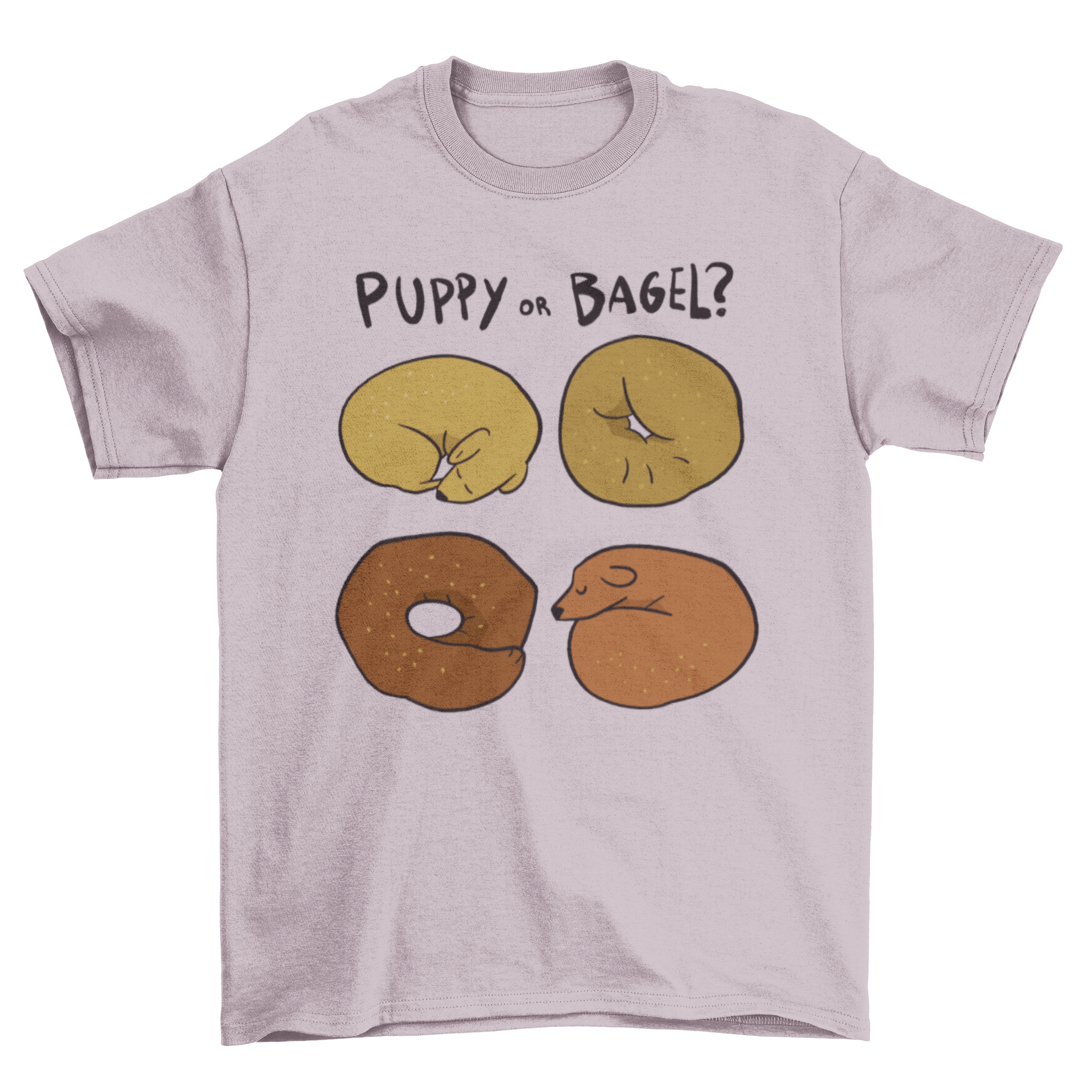 A humorous t-shirt featuring a design of sleeping dogs and bagels, perfect for casual wear.