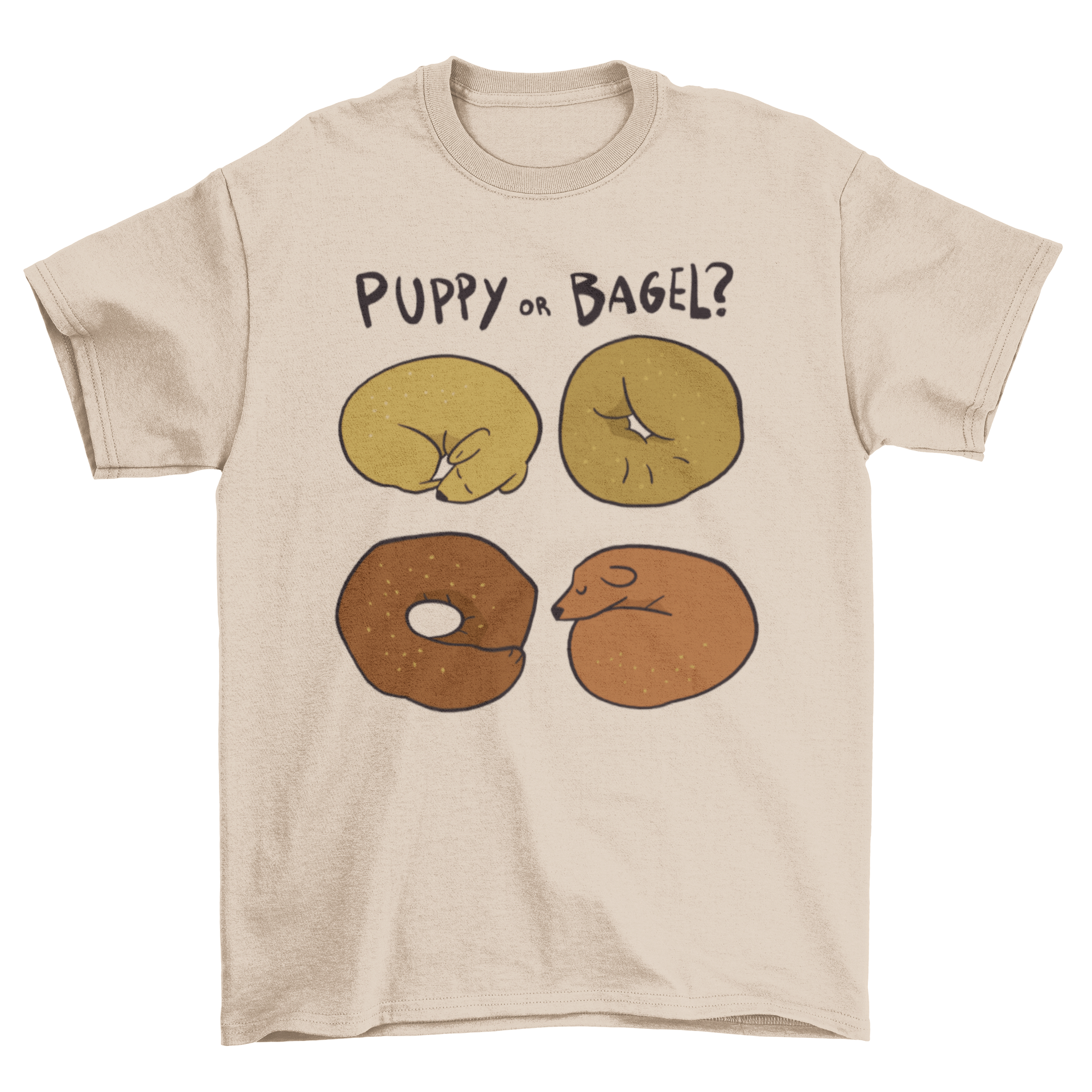 A humorous t-shirt featuring a design of sleeping dogs and bagels, perfect for casual wear.