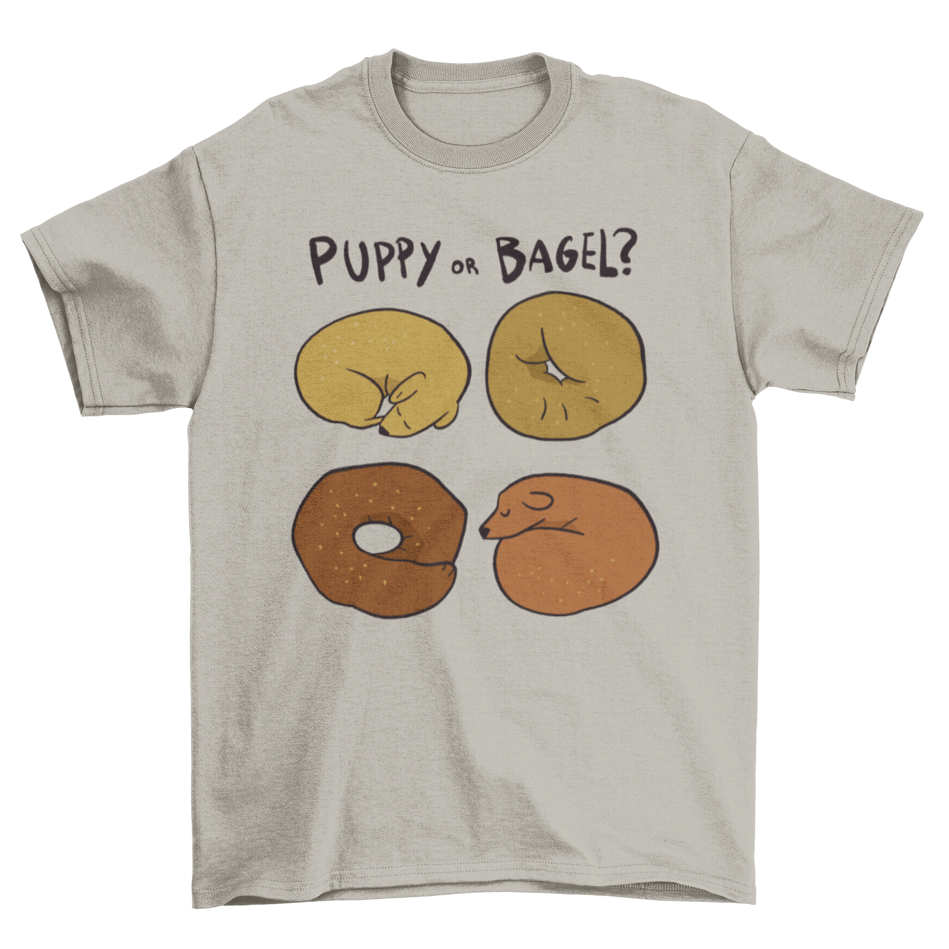 A humorous t-shirt featuring a design of sleeping dogs and bagels, perfect for casual wear.