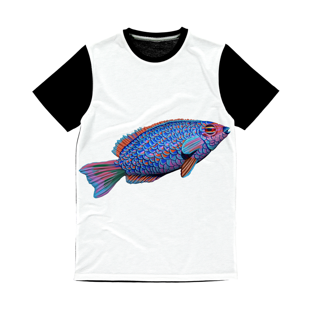 Purple and Blue Fish Classic Sublimation Panel T-Shirt featuring vibrant fish design on the front and plain black back.