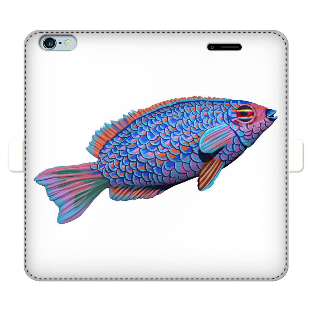 Purple and blue fish printed wallet case for iPhone and Samsung, showcasing vibrant colors and faux leather material.