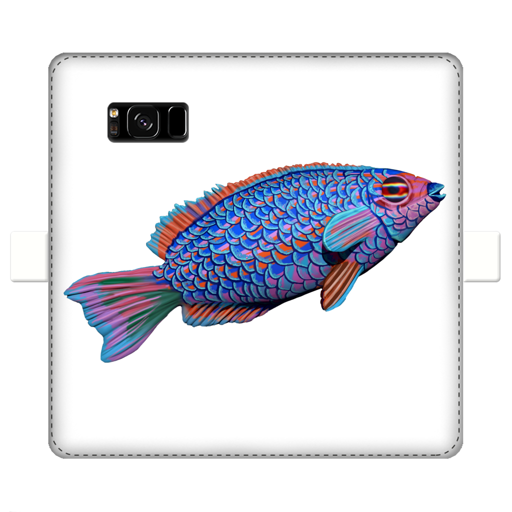 Purple and blue fish printed wallet case for iPhone and Samsung, showcasing vibrant colors and faux leather material.