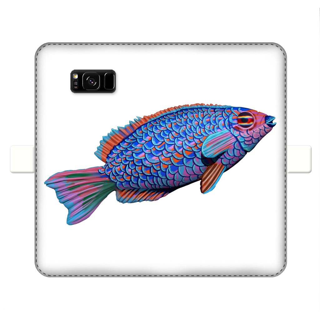 Purple and blue fish printed wallet case for iPhone and Samsung, showcasing vibrant colors and faux leather material.