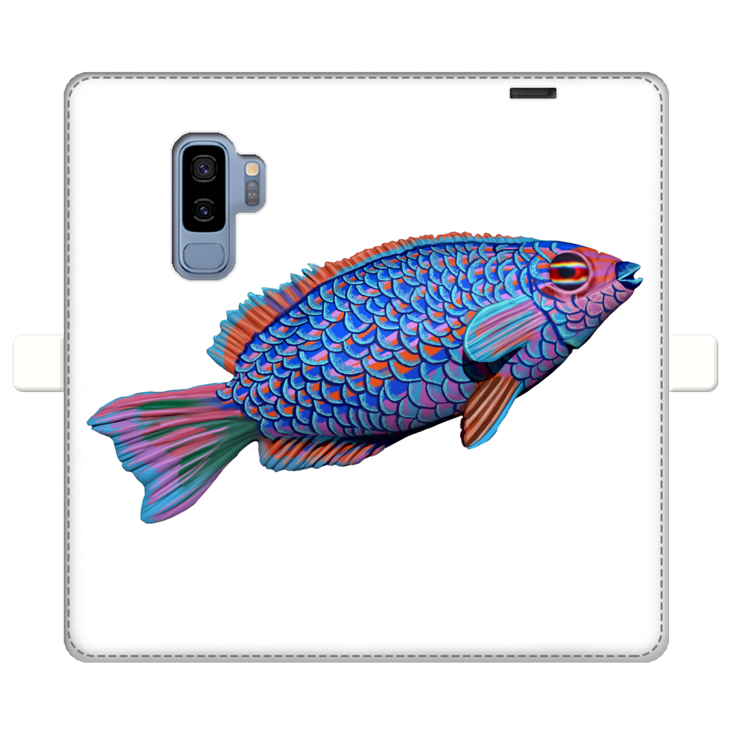 Purple and blue fish printed wallet case for iPhone and Samsung, showcasing vibrant colors and faux leather material.