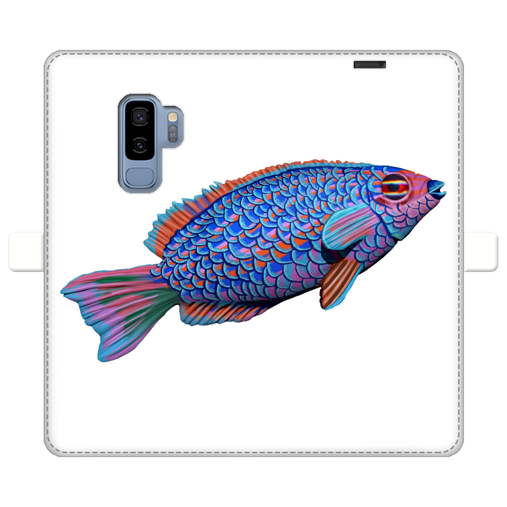 Purple and blue fish printed wallet case for iPhone and Samsung, showcasing vibrant colors and faux leather material.