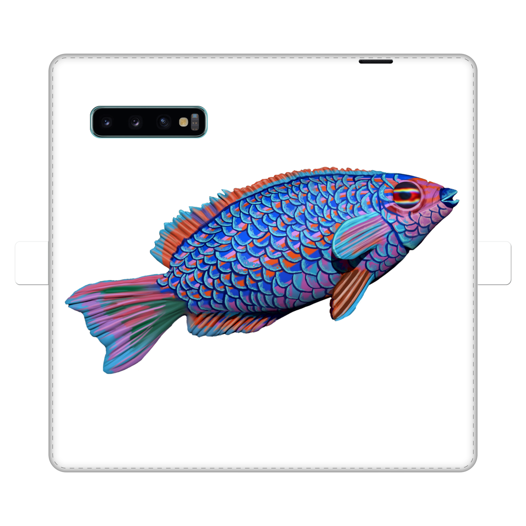 Purple and blue fish printed wallet case for iPhone and Samsung, showcasing vibrant colors and faux leather material.