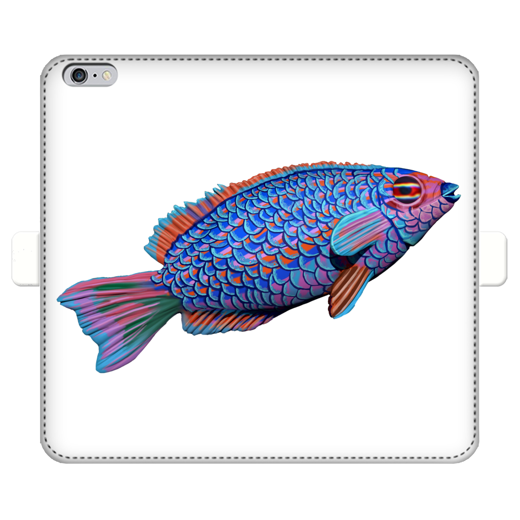 Purple and blue fish printed wallet case for iPhone and Samsung, showcasing vibrant colors and faux leather material.