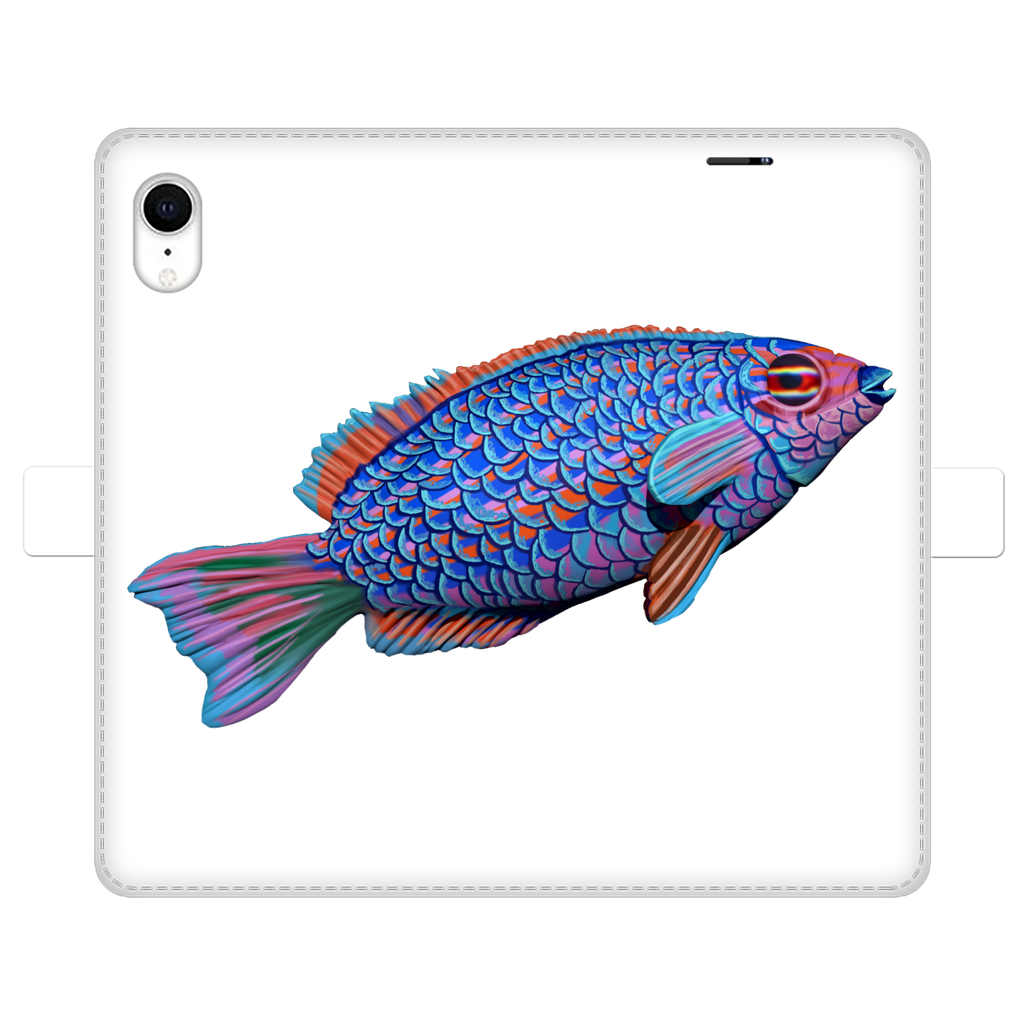 Purple and blue fish printed wallet case for iPhone and Samsung, showcasing vibrant colors and faux leather material.