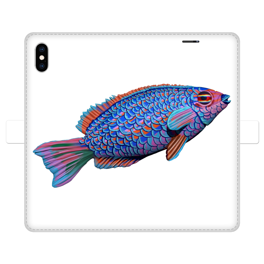 Purple and blue fish printed wallet case for iPhone and Samsung, showcasing vibrant colors and faux leather material.