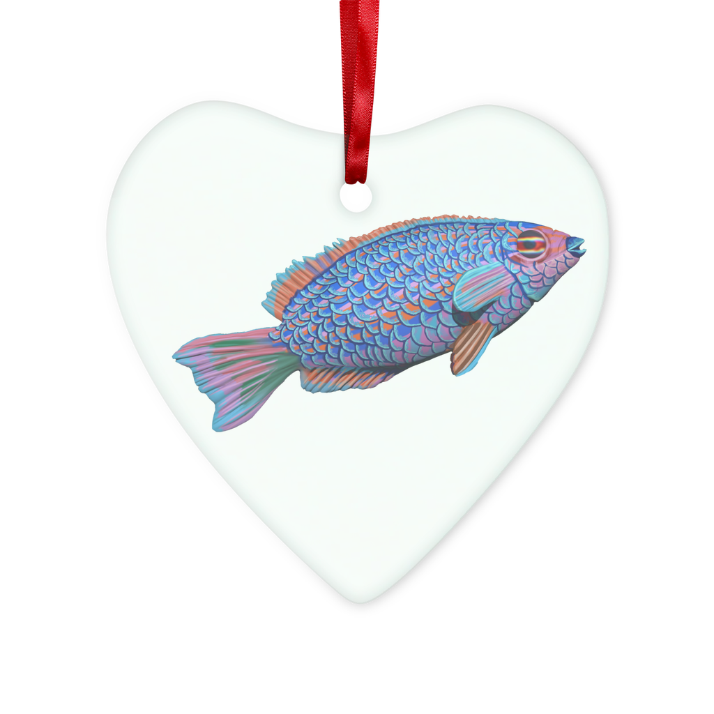 A beautifully crafted Purple and Blue Fish Glass Hanging Ornament, featuring a vibrant design, red ribbon, and gold string for hanging.