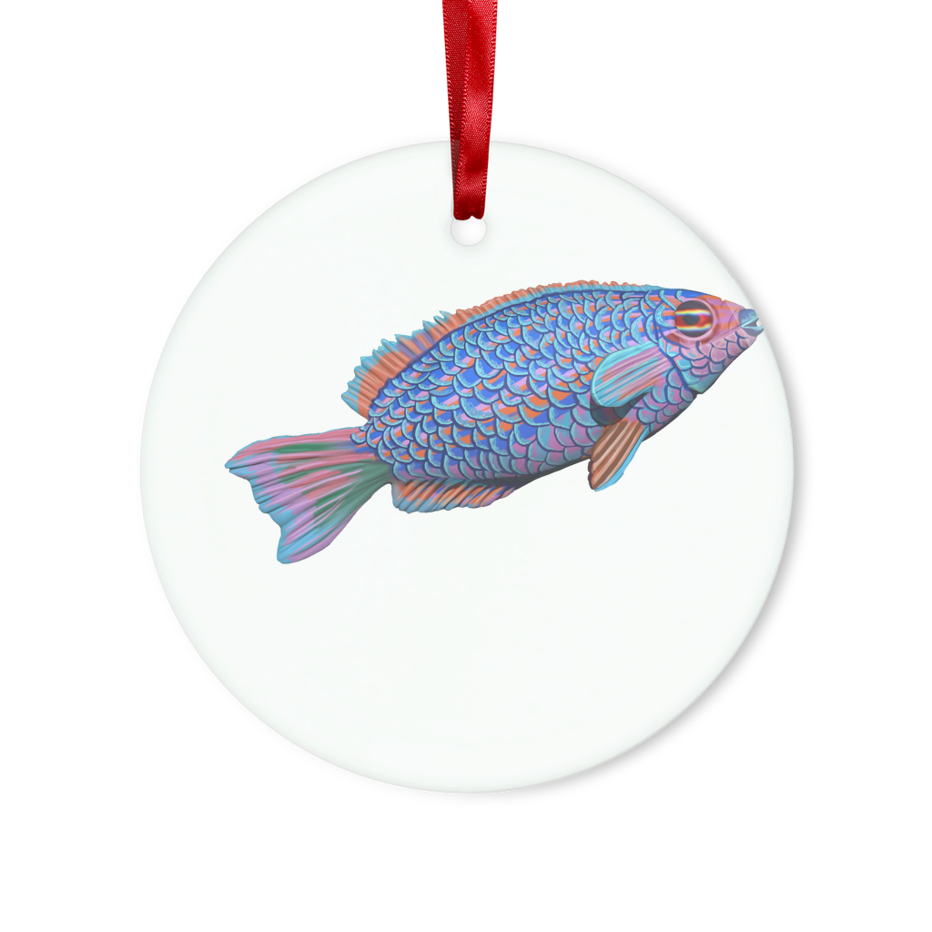 A beautifully crafted Purple and Blue Fish Glass Hanging Ornament, featuring a vibrant design, red ribbon, and gold string for hanging.