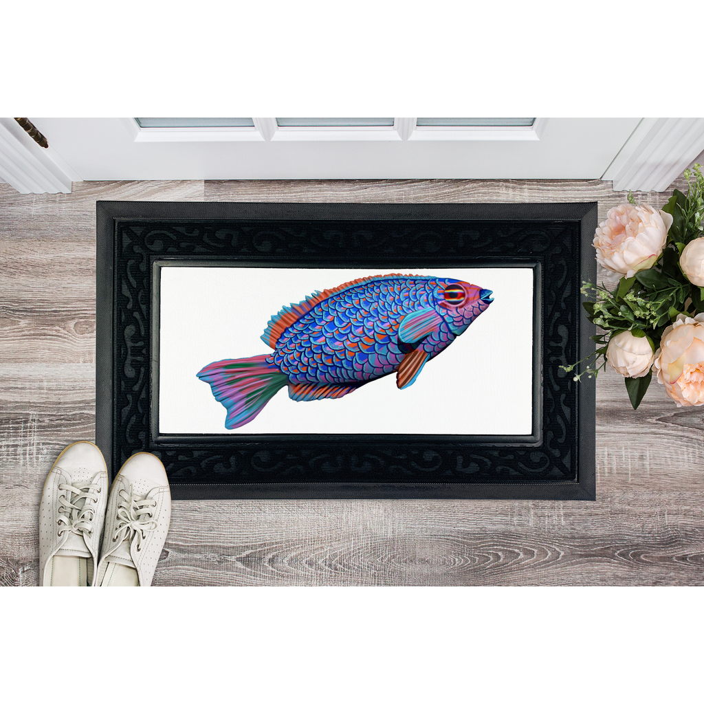 Purple and Blue Fish Sublimation Heavy Duty Door Mat with a non-slip rubber base and fabric brush border, showcasing vibrant colors and a customizable center.