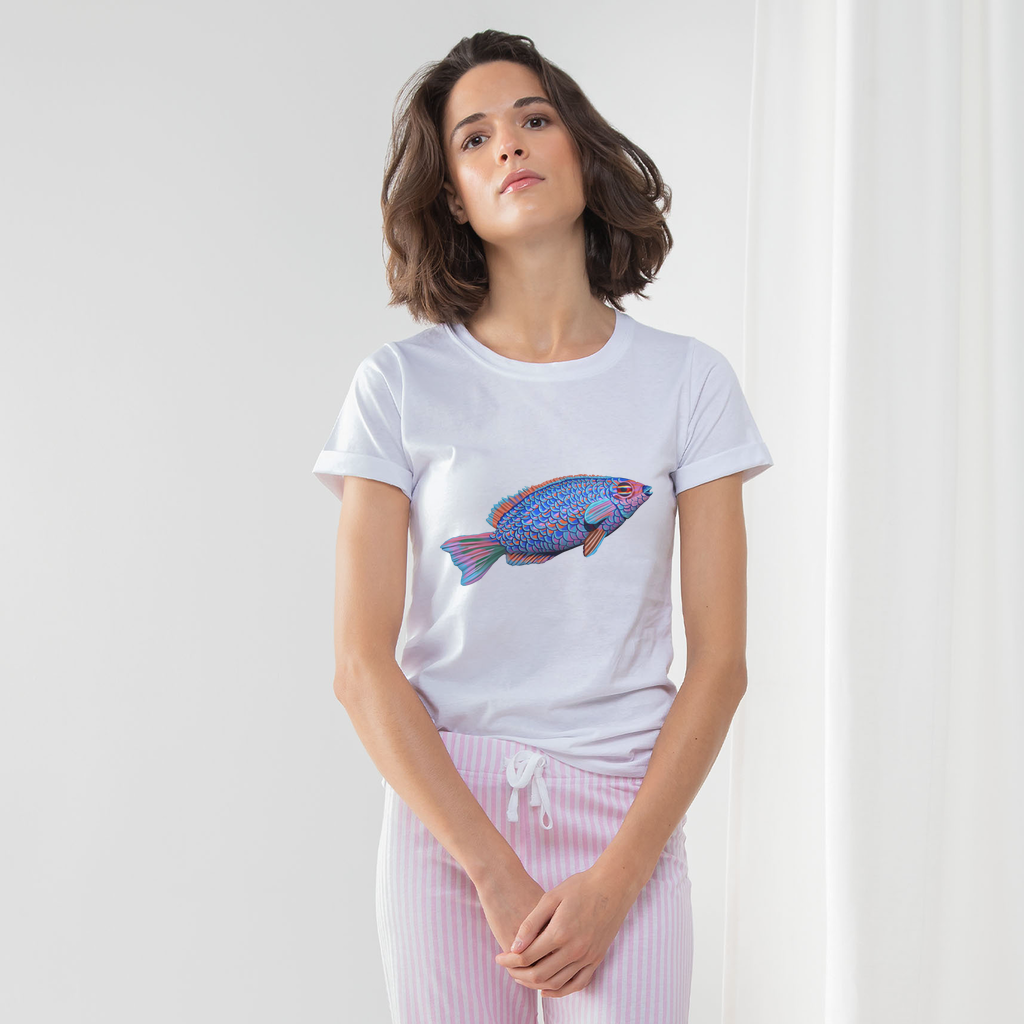 Purple and Blue Fish Women's Long Pant Pyjama Set featuring a white t-shirt, heather grey or light pink striped pants, and a matching drawcord bag.