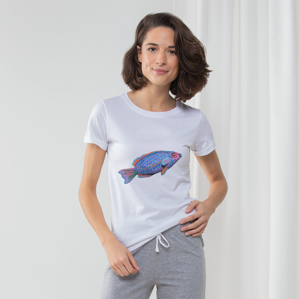 Purple and Blue Fish Women's Long Pant Pyjama Set featuring a white t-shirt, heather grey or light pink striped pants, and a matching drawcord bag.