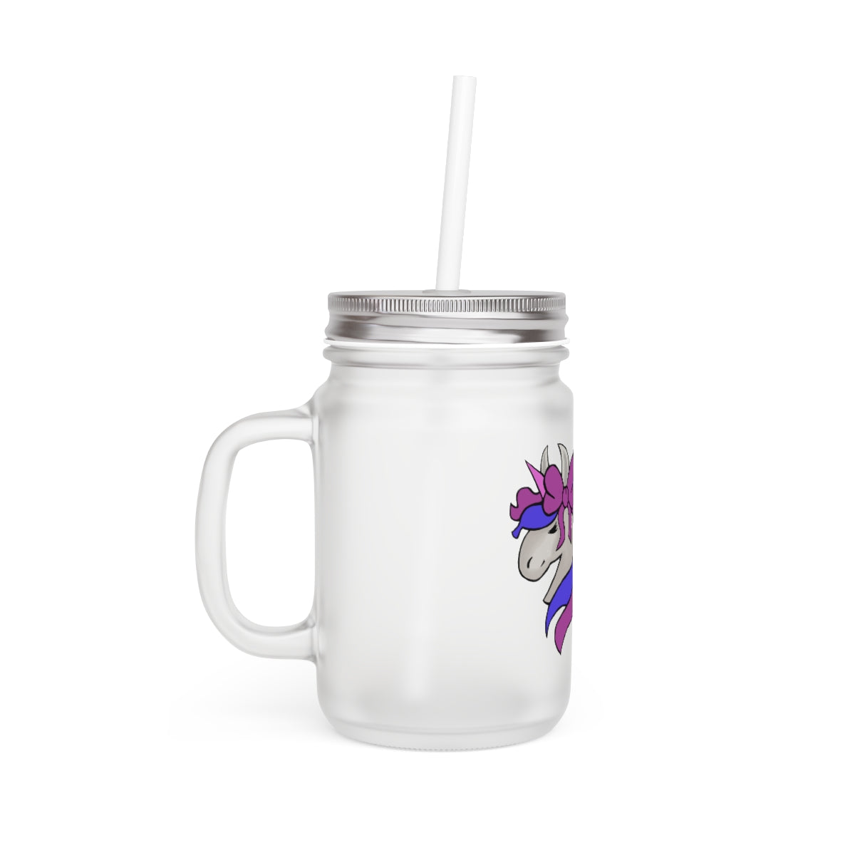 A frosted glass mason jar featuring a vibrant purple and blue unicorn design, complete with a straw and lid, perfect for personalized drinks.