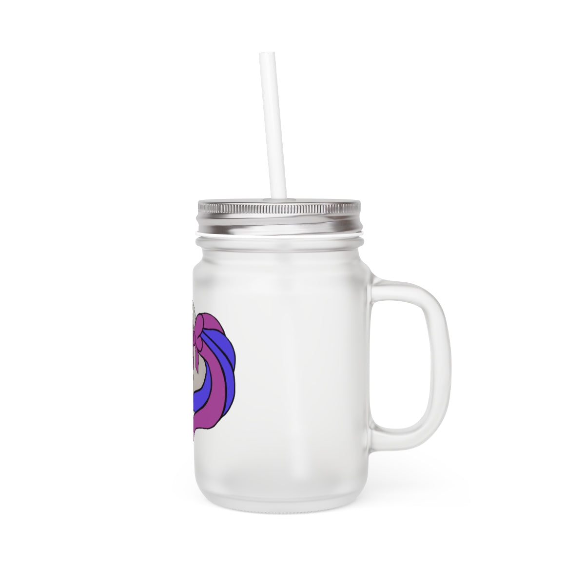 A frosted glass mason jar featuring a vibrant purple and blue unicorn design, complete with a straw and lid, perfect for personalized drinks.