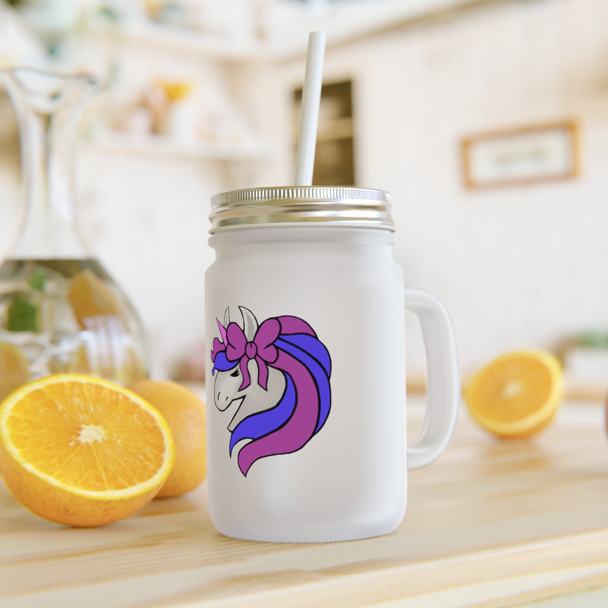 A frosted glass mason jar featuring a vibrant purple and blue unicorn design, complete with a straw and lid, perfect for personalized drinks.