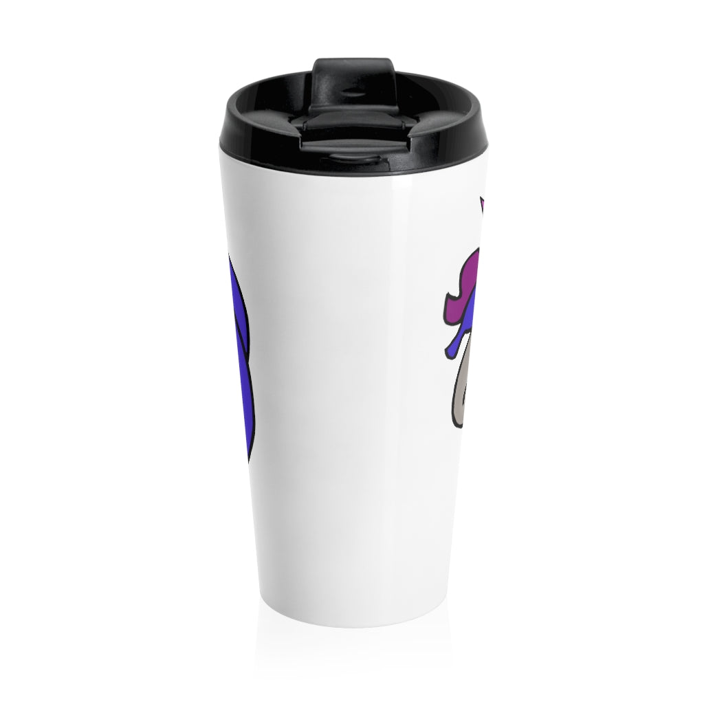 Purple and blue stainless steel travel mug featuring a whimsical unicorn design, perfect for coffee and tea lovers.