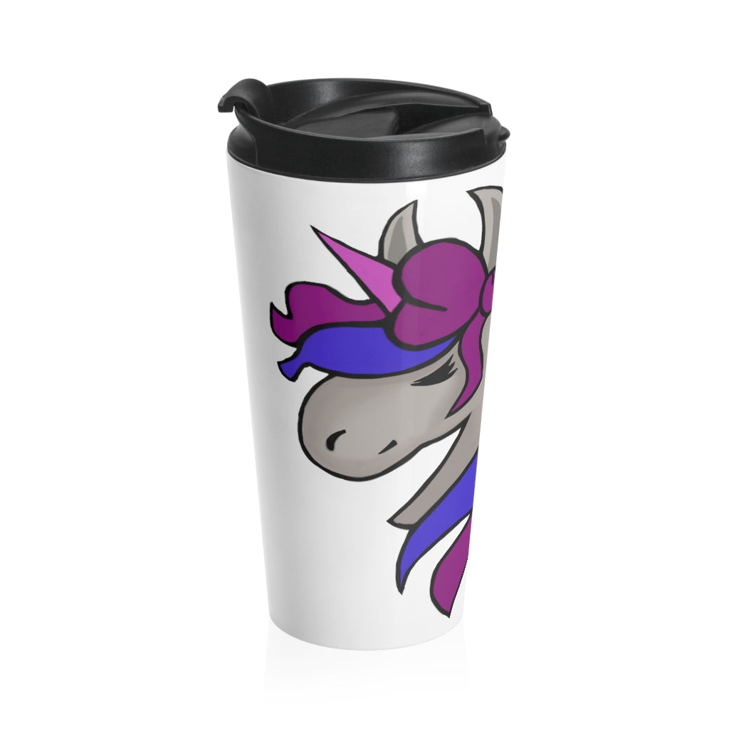 Purple and blue stainless steel travel mug featuring a whimsical unicorn design, perfect for coffee and tea lovers.