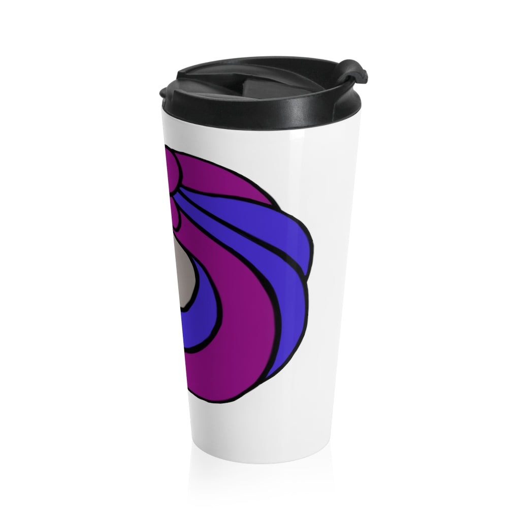 Purple and blue stainless steel travel mug featuring a whimsical unicorn design, perfect for coffee and tea lovers.