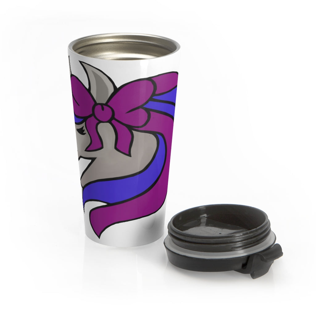 Purple and blue stainless steel travel mug featuring a whimsical unicorn design, perfect for coffee and tea lovers.