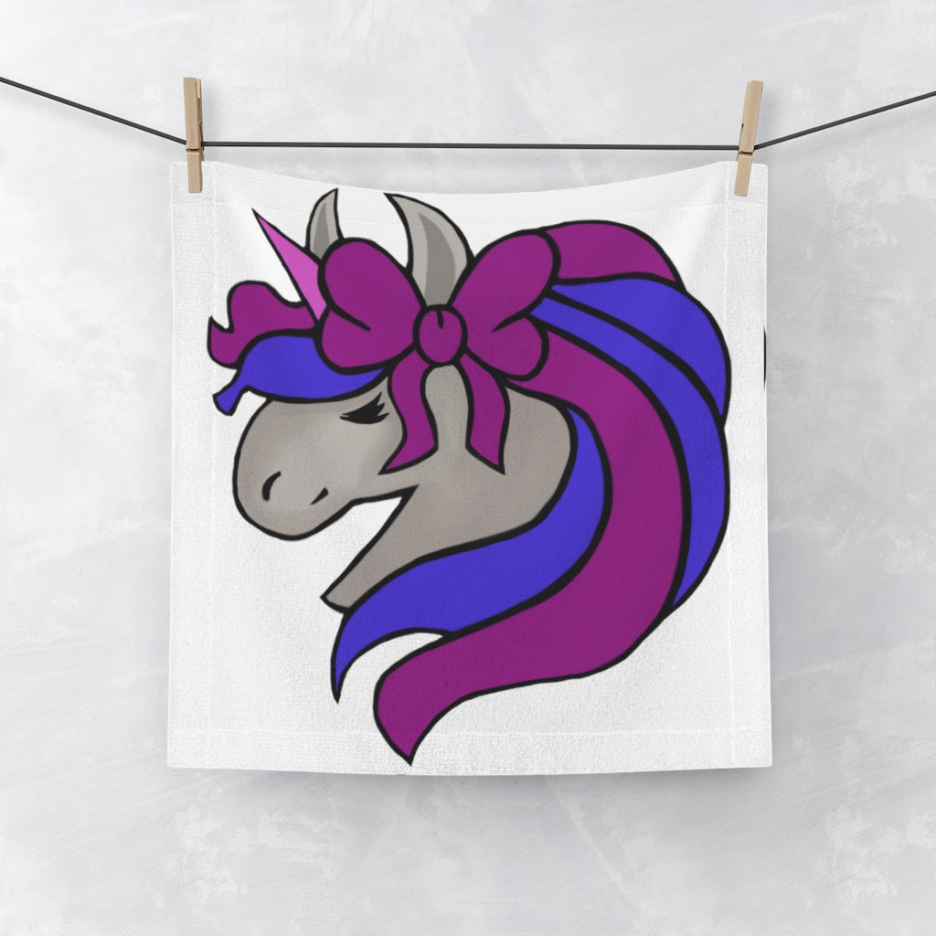 Purple Blue Unicorn Face Towel featuring a vibrant unicorn design on a soft polyester blend front and absorbent cotton back.