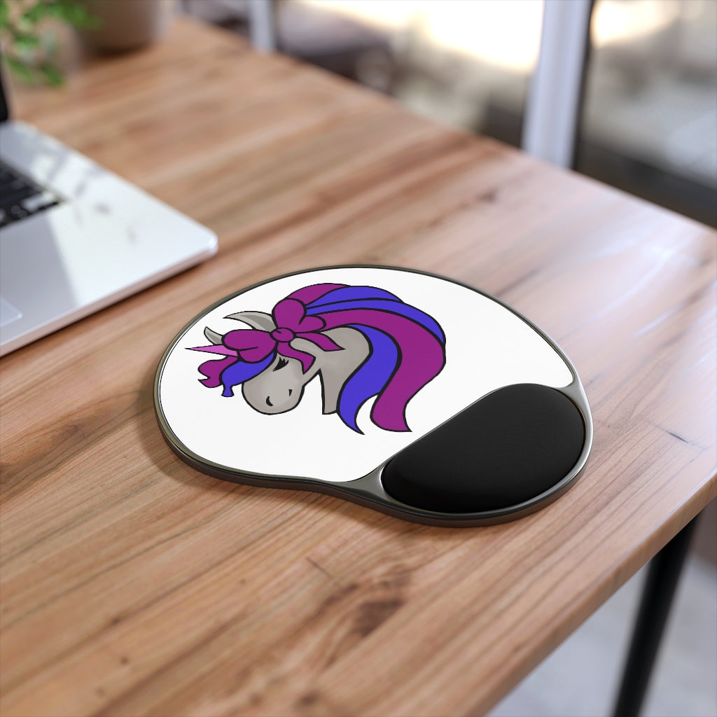 Purple Blue Unicorn Head Mouse Pad with ergonomic wrist rest, featuring a whimsical design and a durable base.