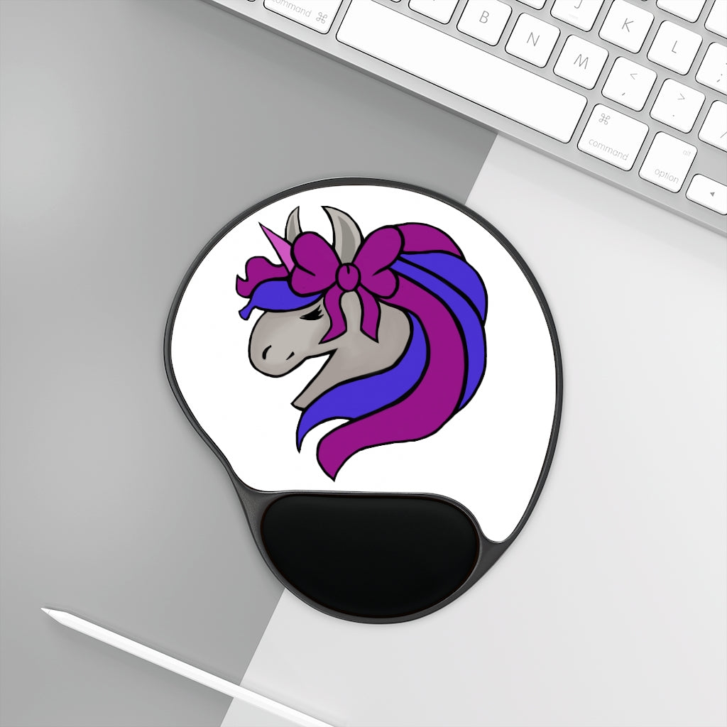 Purple Blue Unicorn Head Mouse Pad with ergonomic wrist rest, featuring a whimsical design and a durable base.