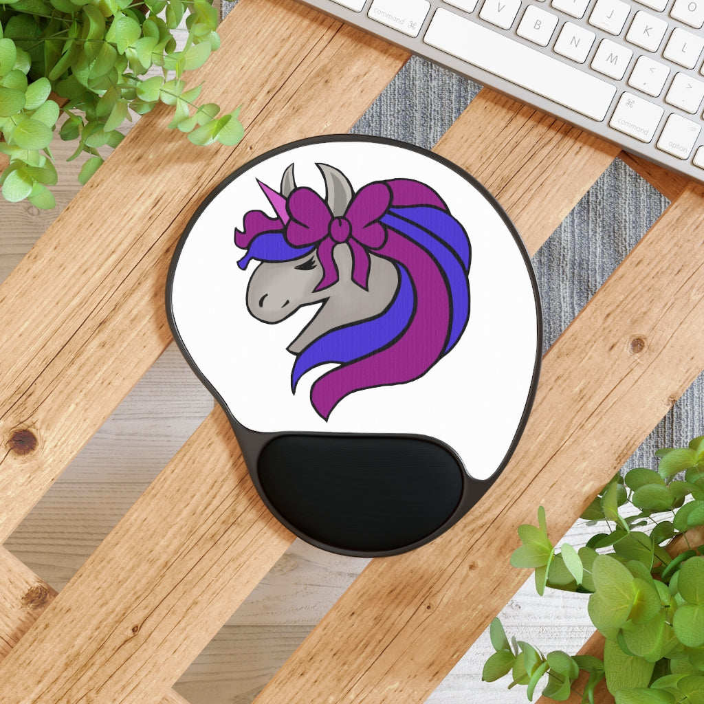 Purple Blue Unicorn Head Mouse Pad with ergonomic wrist rest, featuring a whimsical design and a durable base.