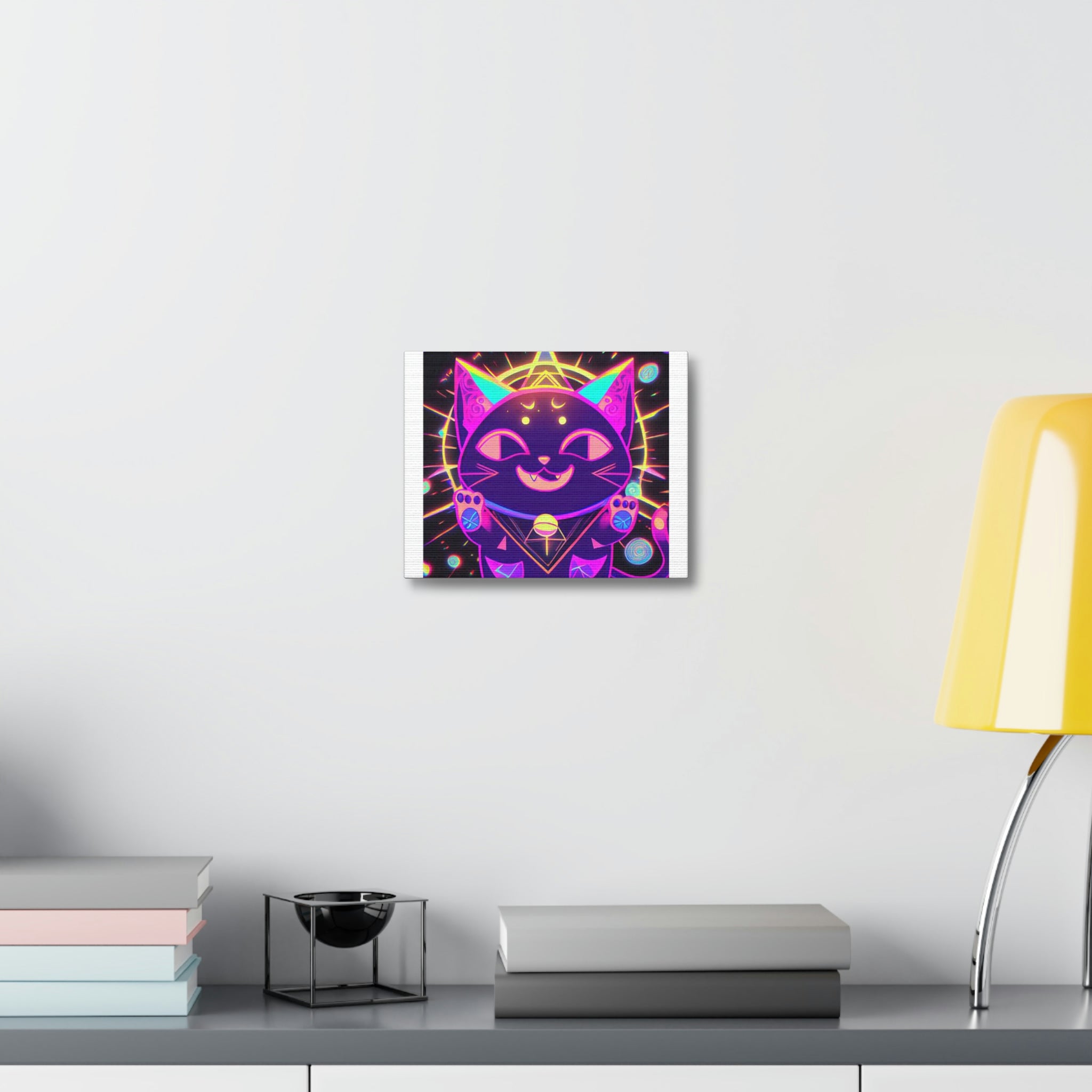 A vibrant purple cat stretched canvas artwork, showcasing intricate details and bright colors, mounted on a sturdy wooden frame.