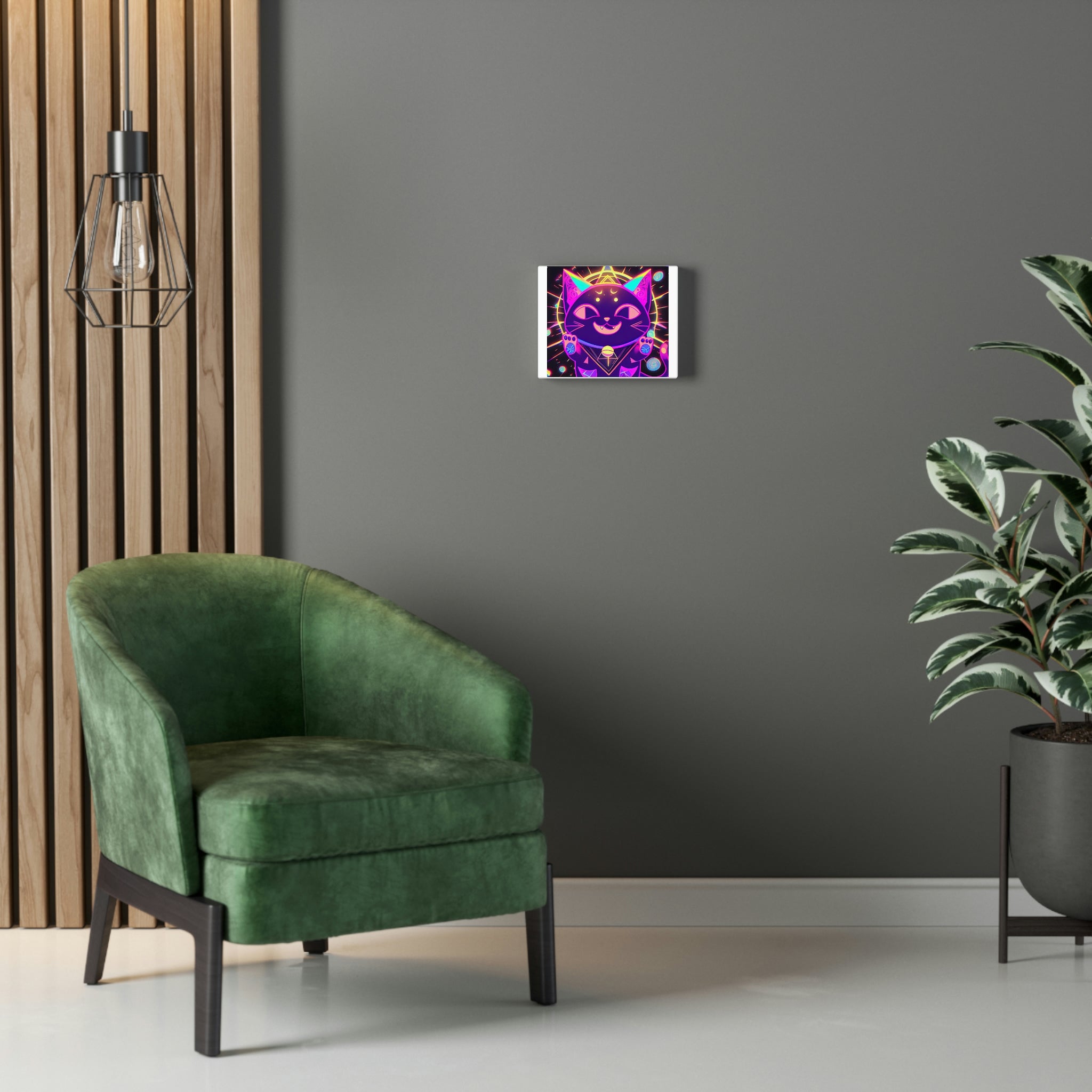 A vibrant purple cat stretched canvas artwork, showcasing intricate details and bright colors, mounted on a sturdy wooden frame.