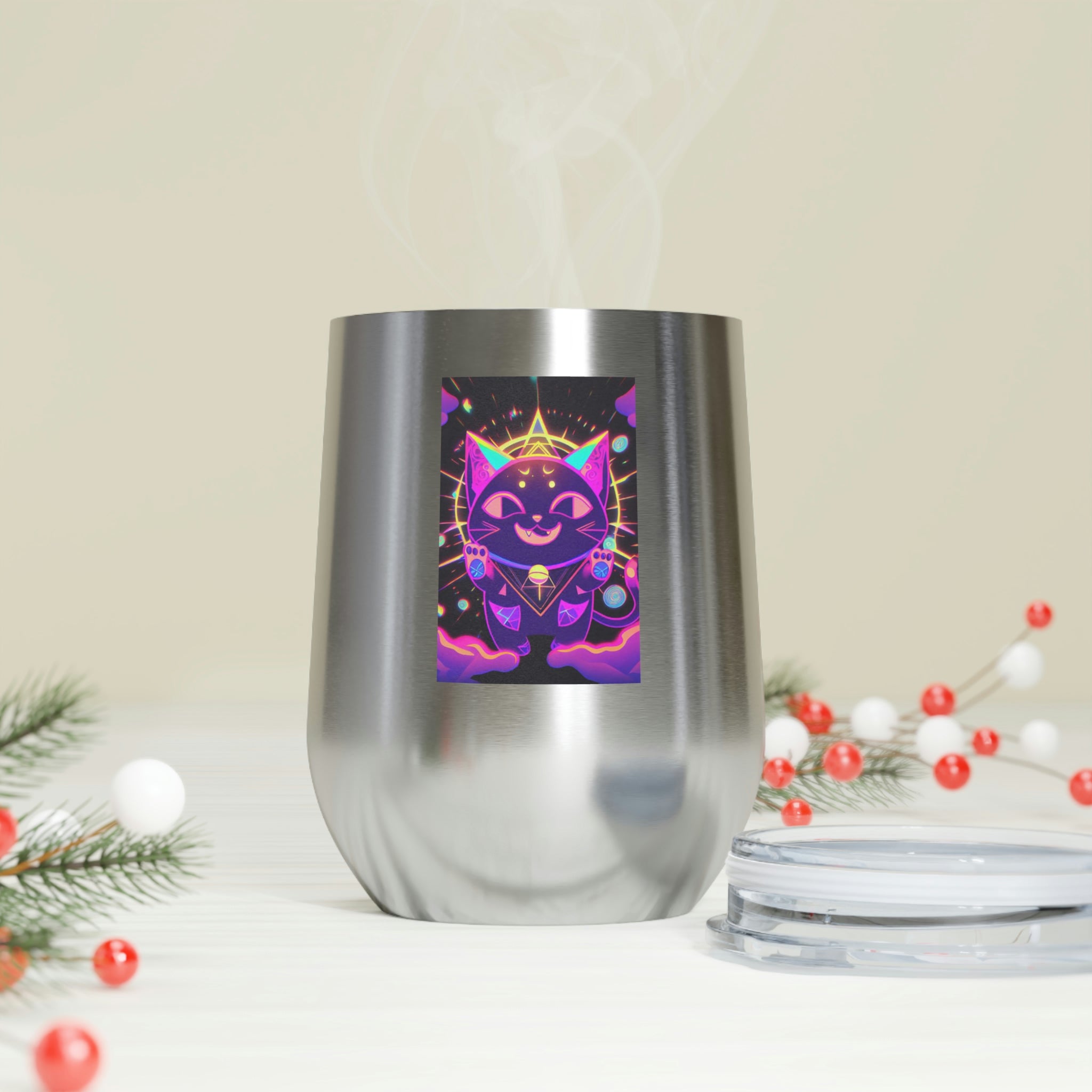 Purple Cat Wine Tumbler with clear lid, showcasing a whimsical cat design.