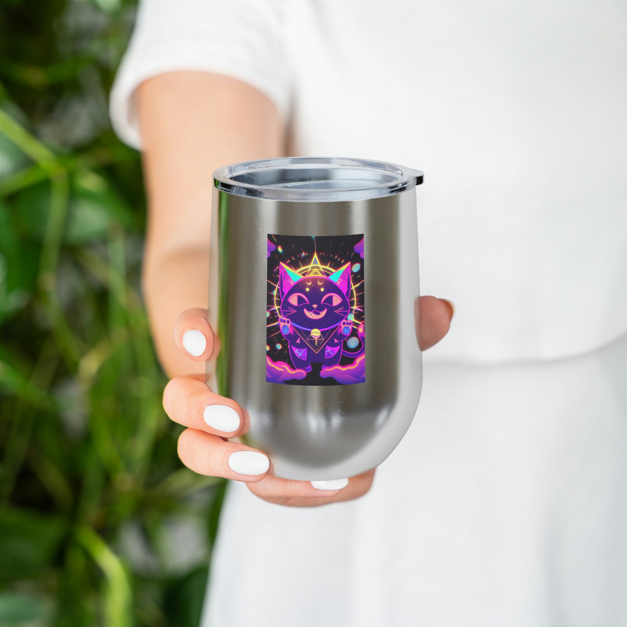 Purple Cat Wine Tumbler with clear lid, showcasing a whimsical cat design.